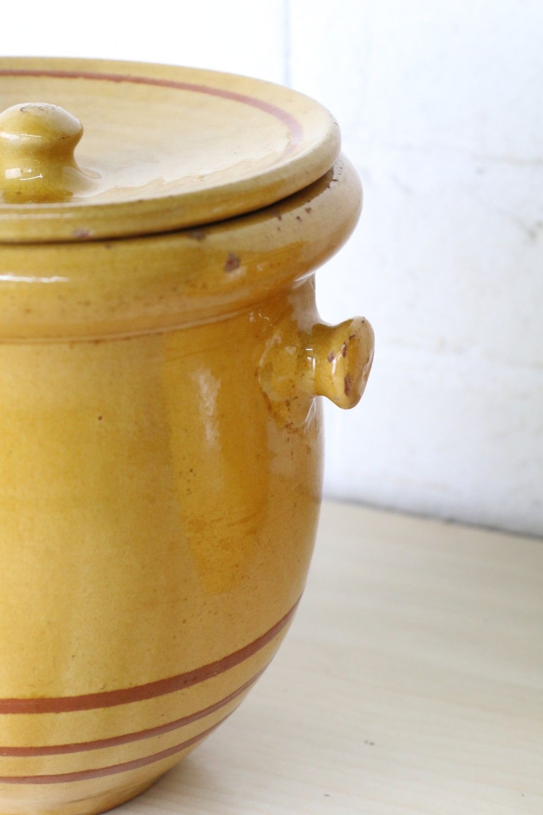 Two  Antique French Confit Pots & Lids Warm Yellow + Mustard Painted Ring Decor photo vintage