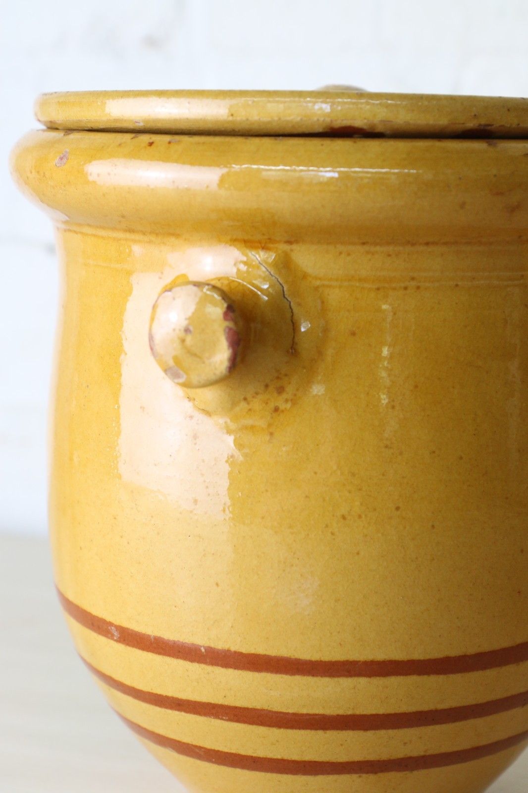 photo furniture Two  Antique French Confit Pots & Lids Warm Yellow + Mustard Painted Ring Decor