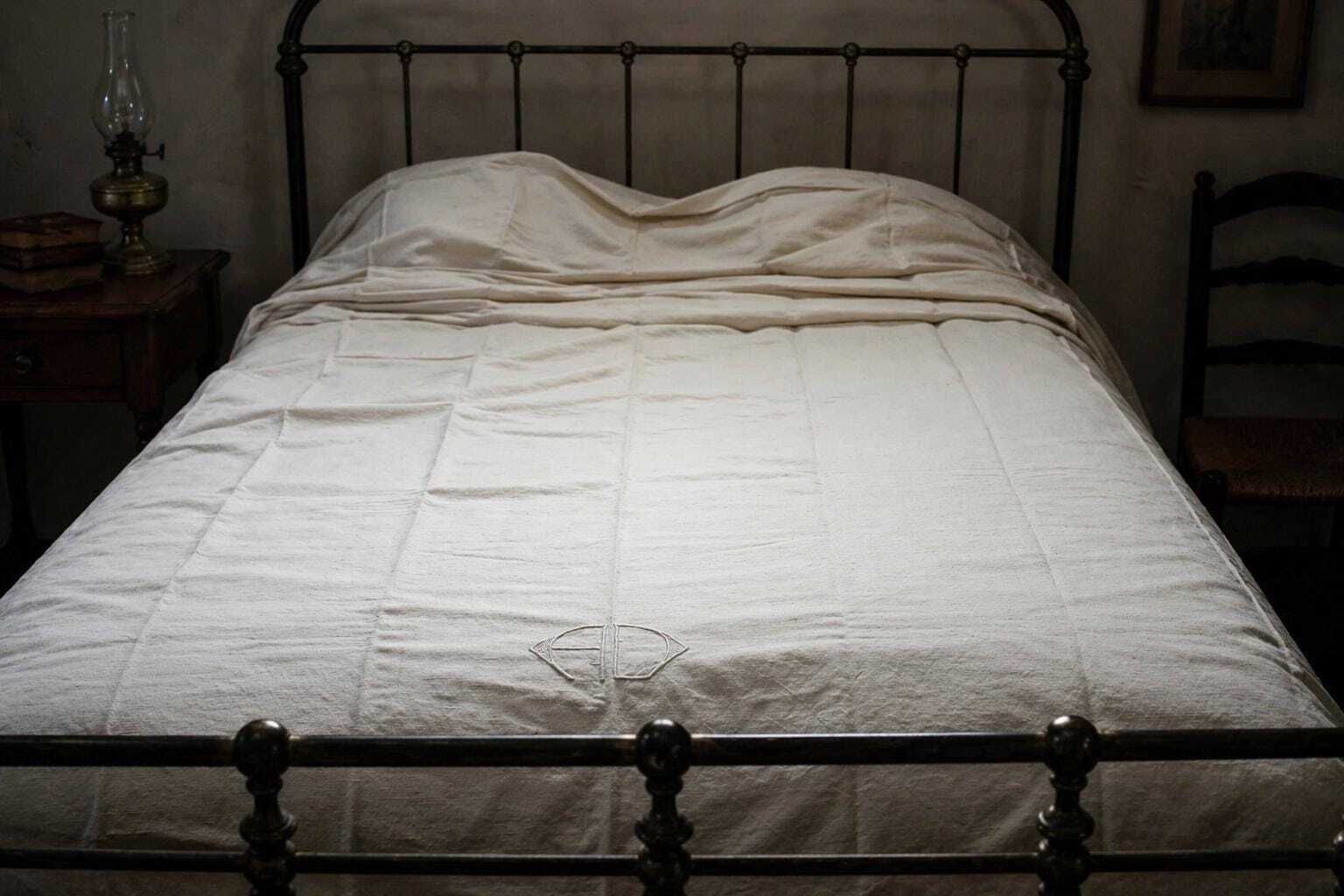 Large Antique French Bed Sheet White Linen Metis Monogrammed Homespun Hand Embroidered Loomed Fabric Ad Double