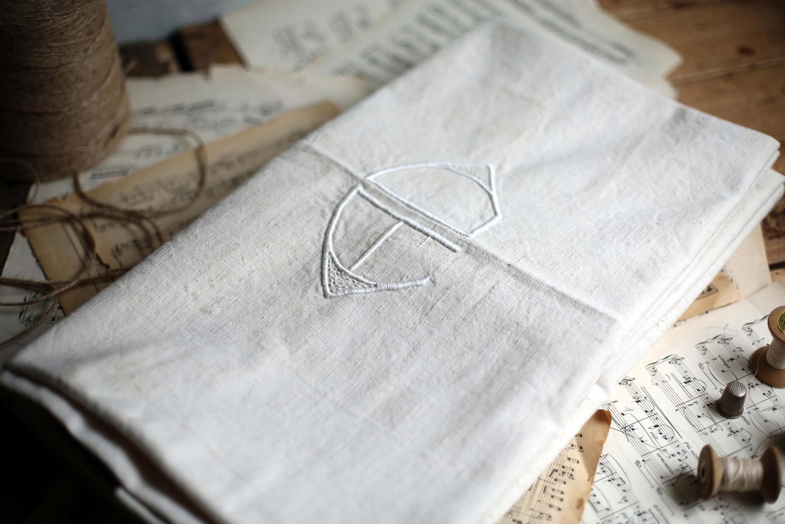 photo for sale Large Antique French Bed Sheet White Linen Metis Monogrammed Homespun Hand Embroidered Loomed Fabric Ad Double