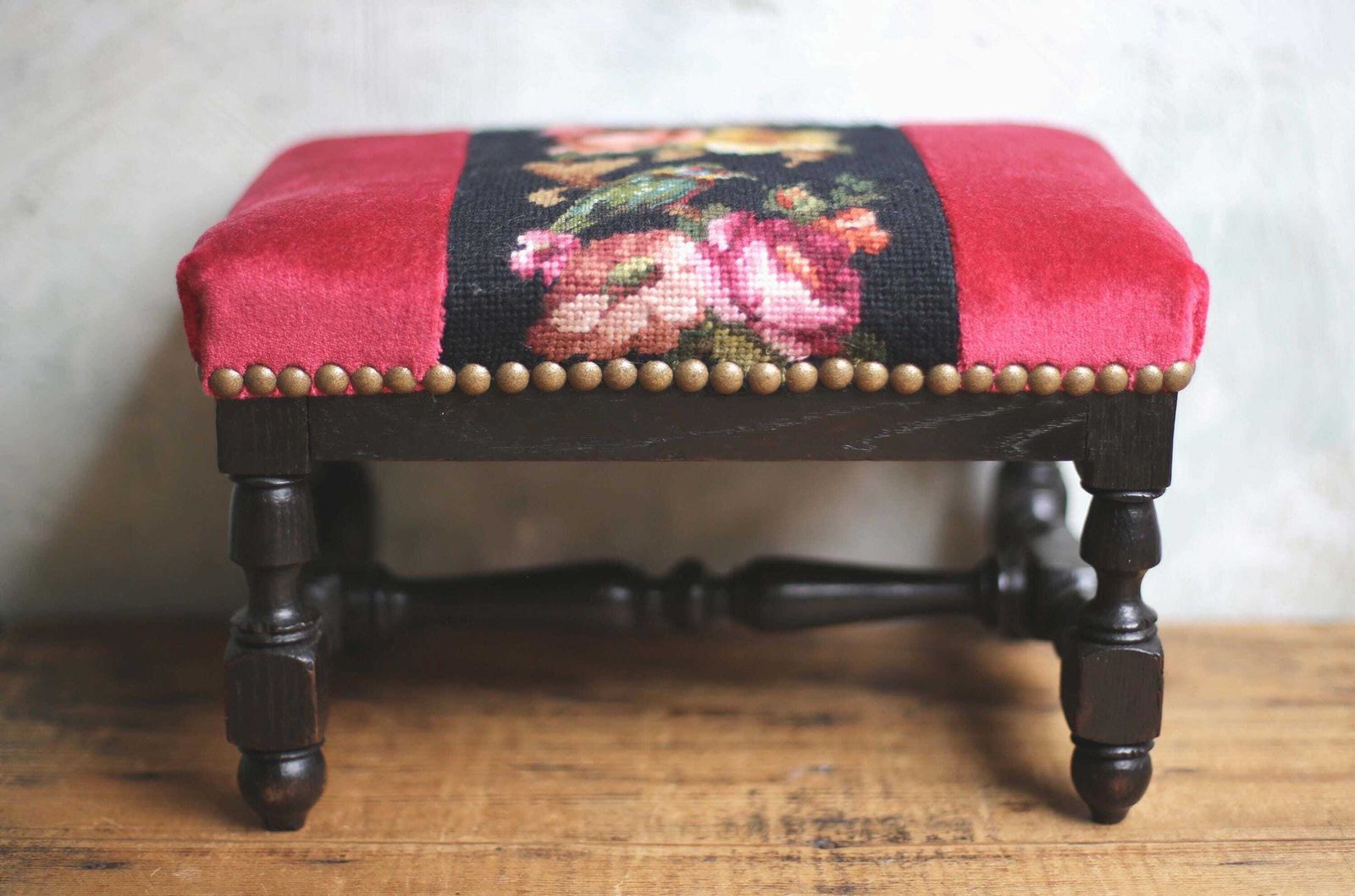French Antique Embroidered Wooden Foot Stool Floral Needlepoint Kingfisher Tapestry Footstool photo furniture