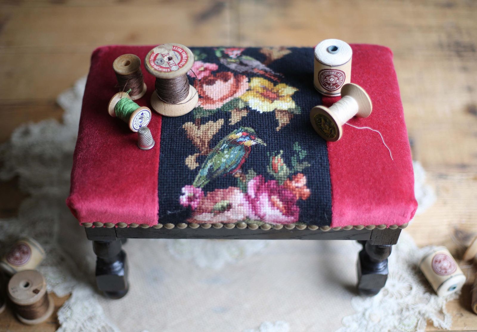 French Antique Embroidered Wooden Foot Stool Floral Needlepoint Kingfisher Tapestry Footstool photo buy