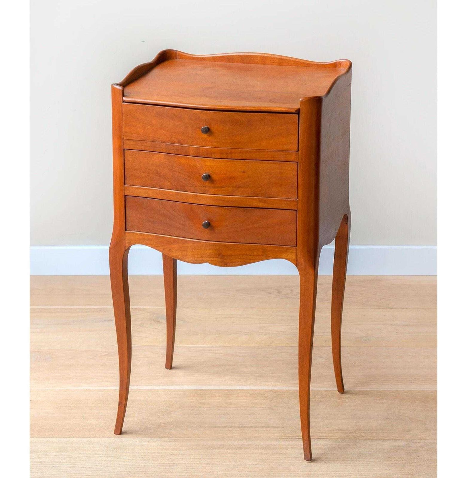 Vintage Wooden Bedside Table   French Provincial 3 Drawer Nightstand   Cabriole Leg Side Table