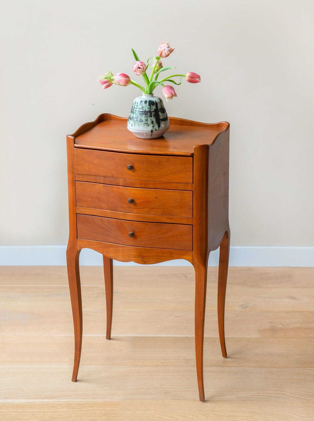 Vintage Wooden Bedside Table   French Provincial 3 Drawer Nightstand   Cabriole Leg Side Table photo for sale