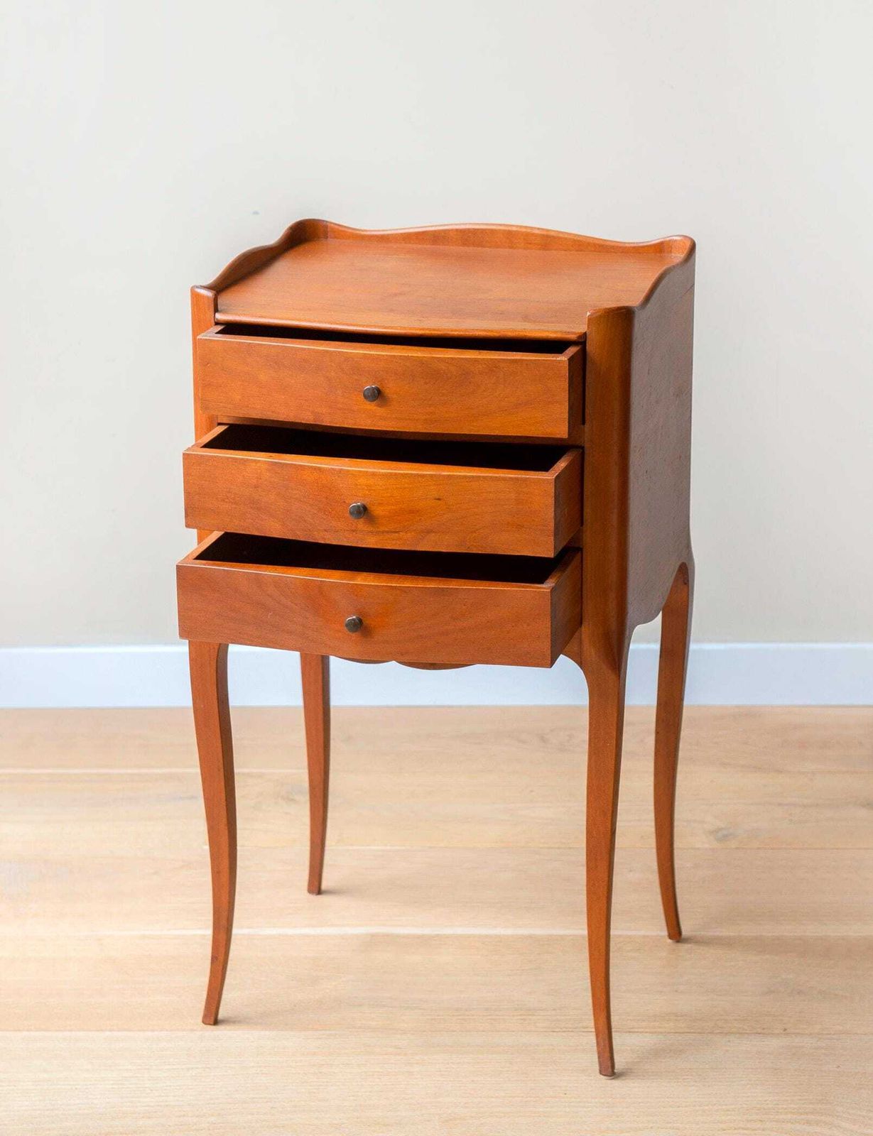 Vintage Wooden Bedside Table   French Provincial 3 Drawer Nightstand   Cabriole Leg Side Table photo buy