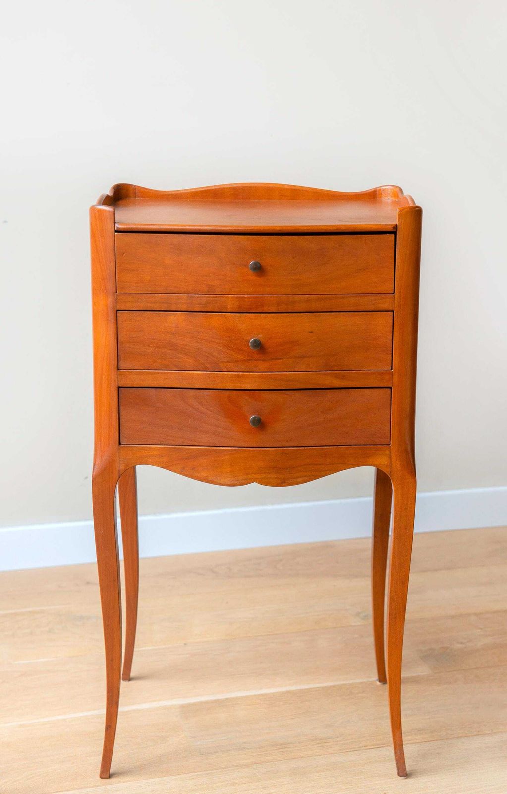 Vintage Wooden Bedside Table   French Provincial 3 Drawer Nightstand   Cabriole Leg Side Table photo vintage