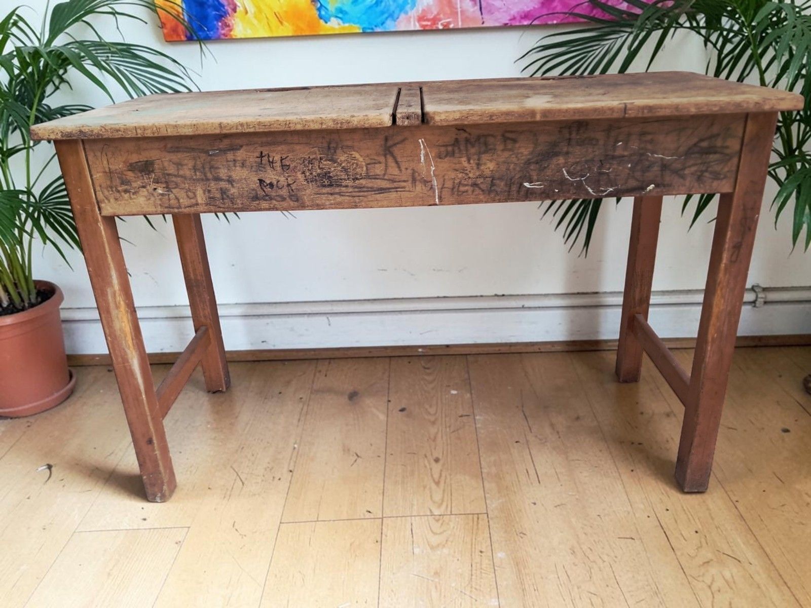Vintage Double School Desk Wooden Rustic Industrial Original Graffiti Desk 1970 photo 150.0
