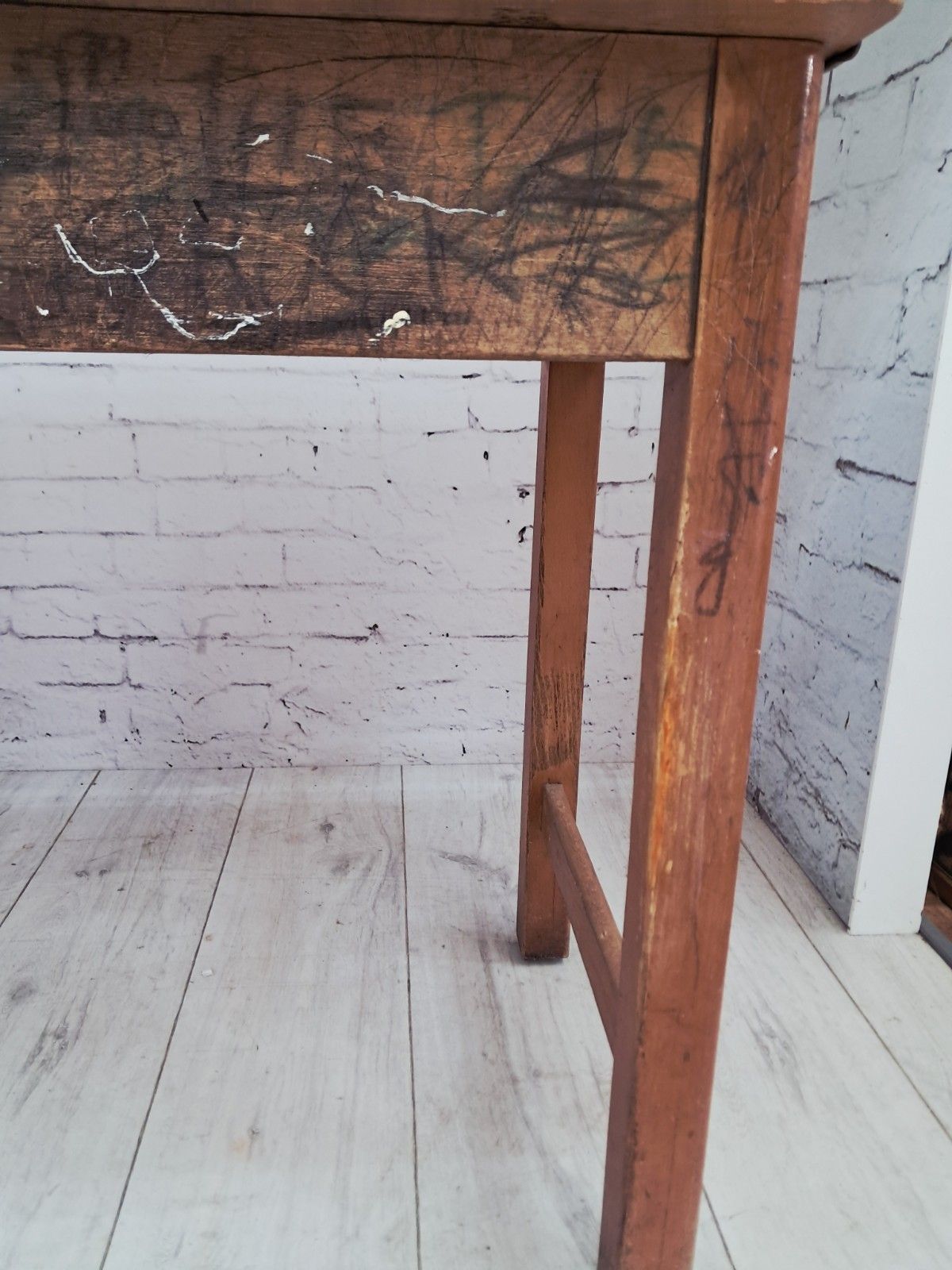 150.0 Vintage Double School Desk Wooden Rustic Industrial Original Graffiti Desk 1970 photo