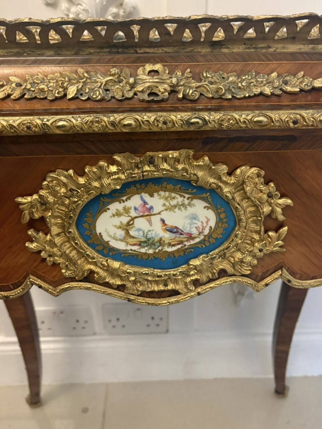 Antique French 19th Century Ormolu Mounted Kingwood Jardiniere Stand Porcelain Plaque photo buy