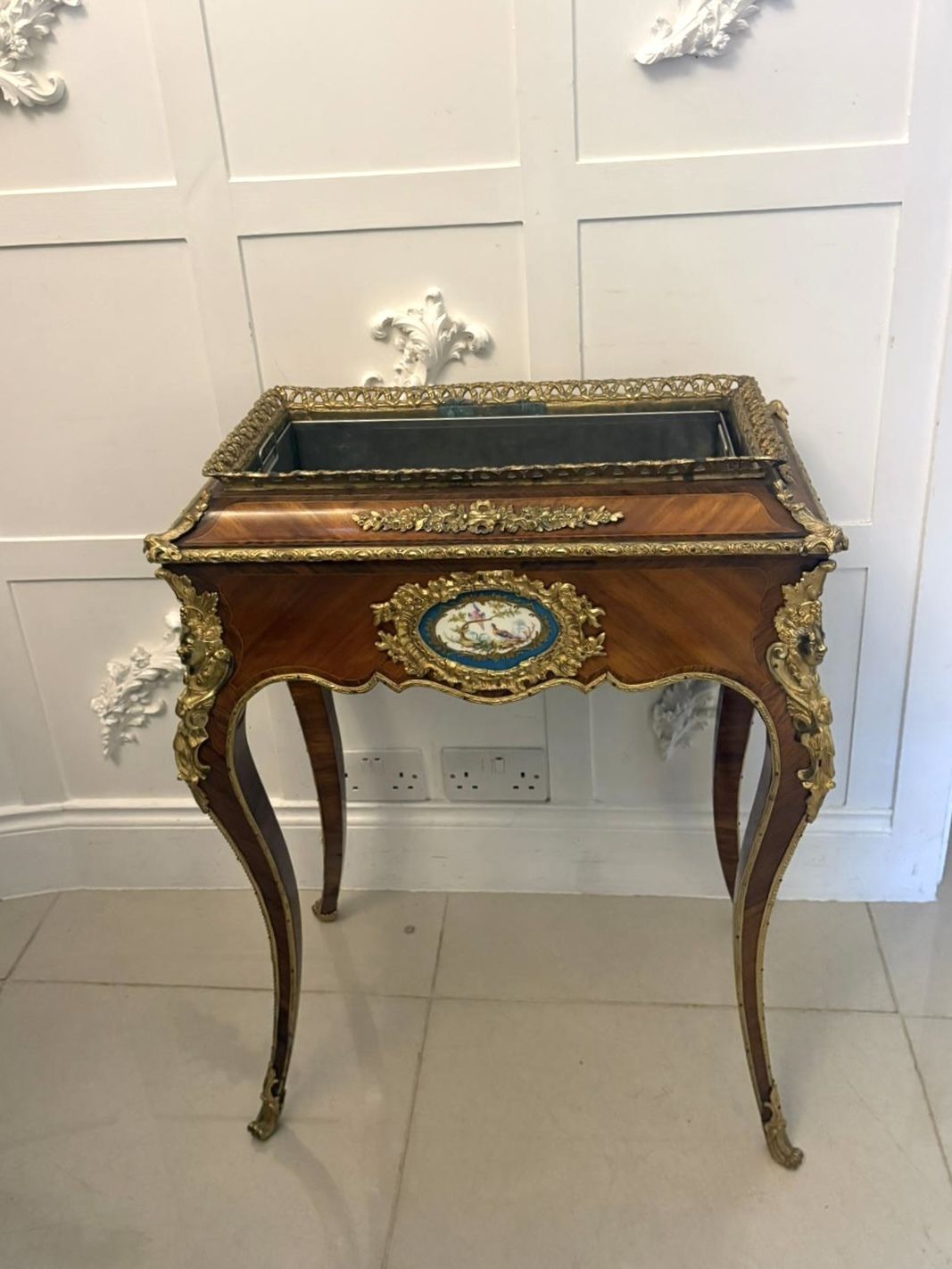 Antique French 19th Century Ormolu Mounted Kingwood Jardiniere Stand Porcelain Plaque