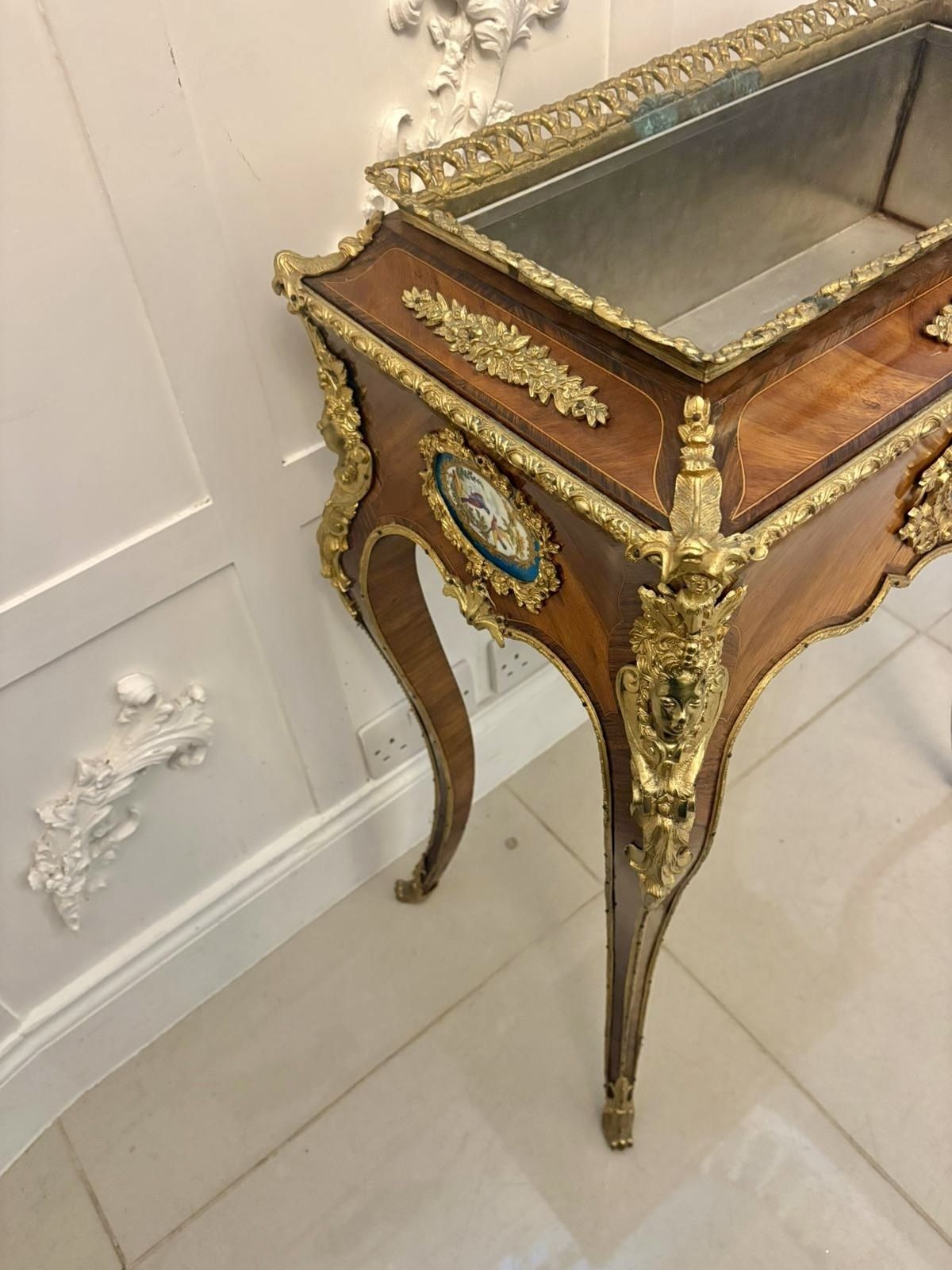photo buy Antique French 19th Century Ormolu Mounted Kingwood Jardiniere Stand Porcelain Plaque