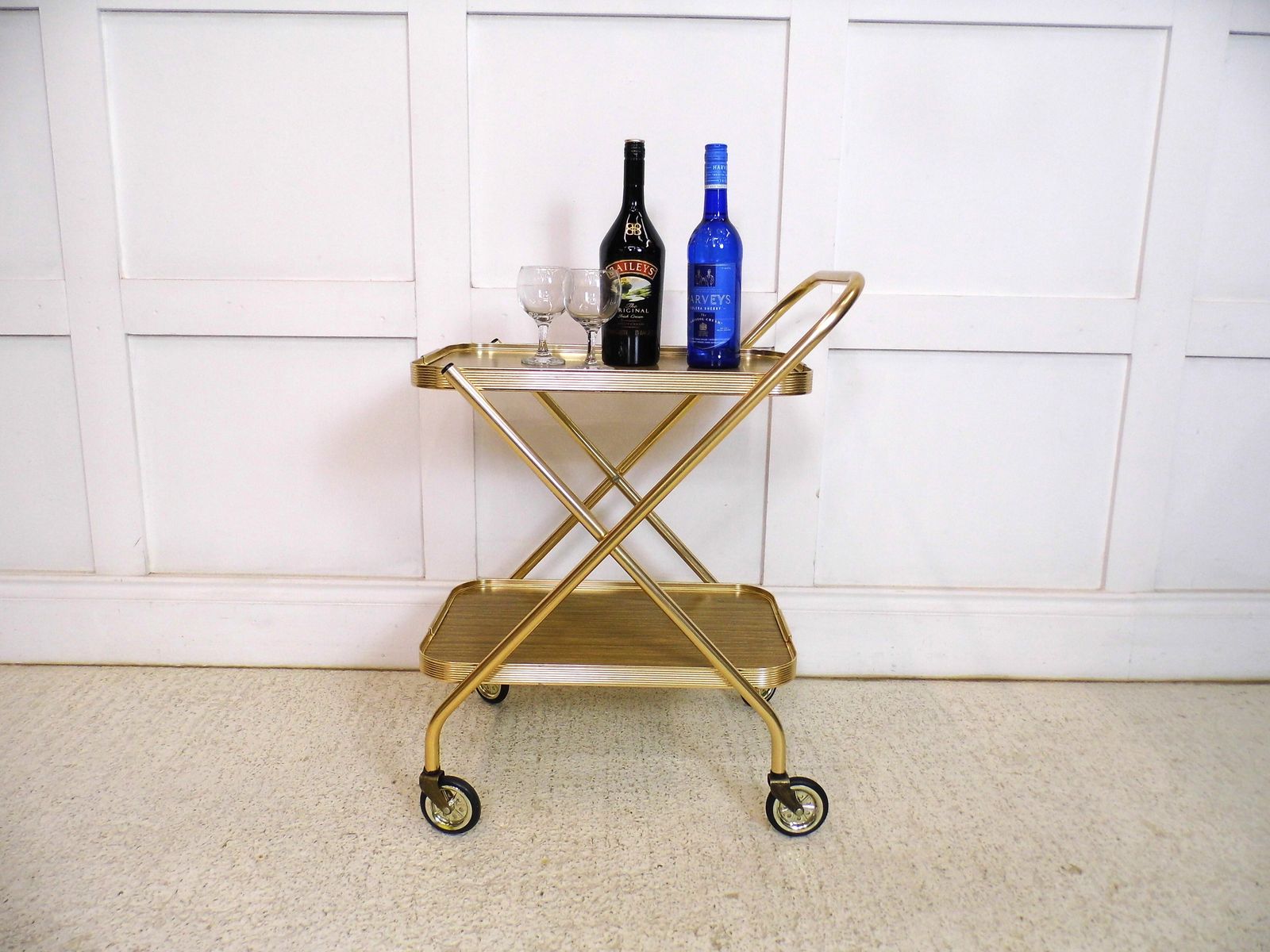 Vintage Retro Hostess Bar Drinks Cart Trolley Folding Design 1970s Formica Gold photo furniture