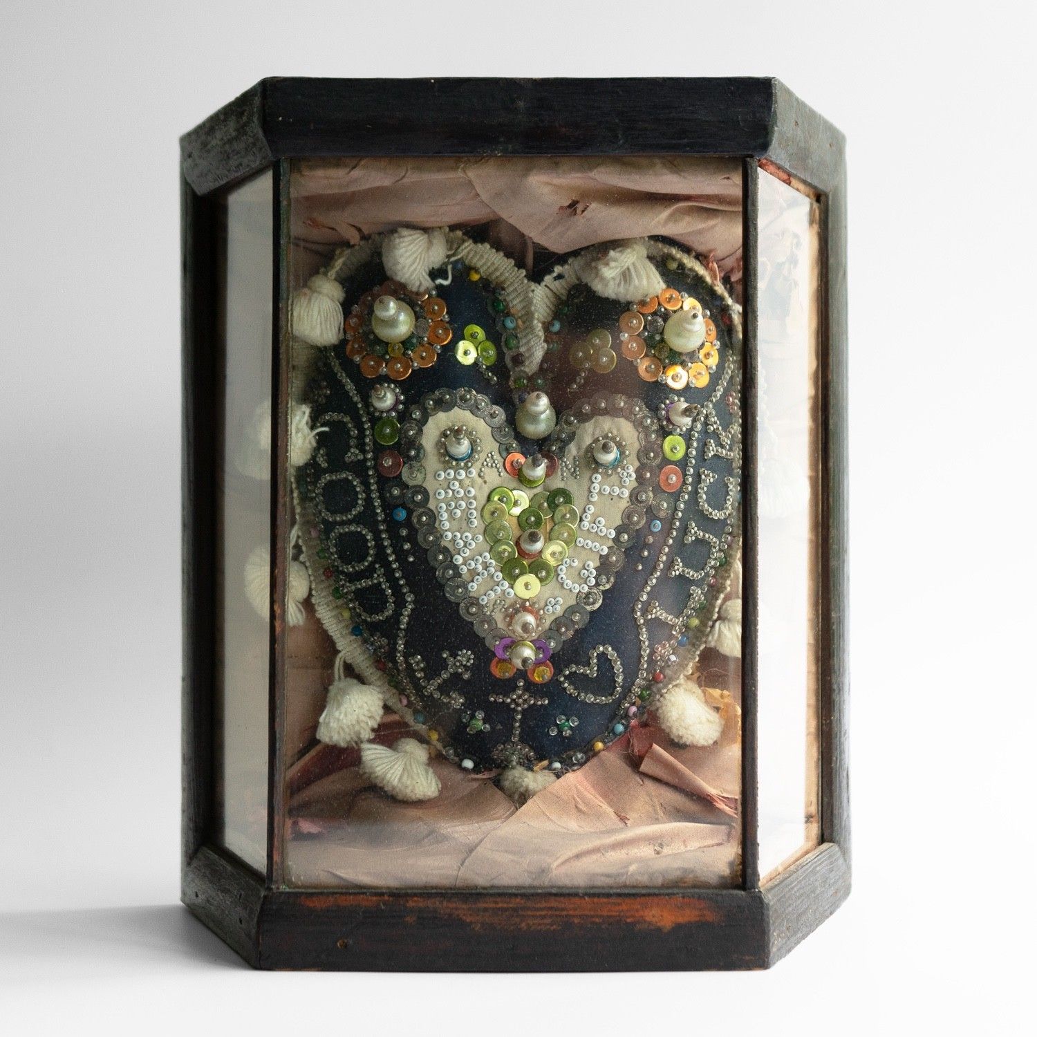 Antique Sailors Folk Art 'Sweetheart' Cushion In Glass Case, Late 19th Century