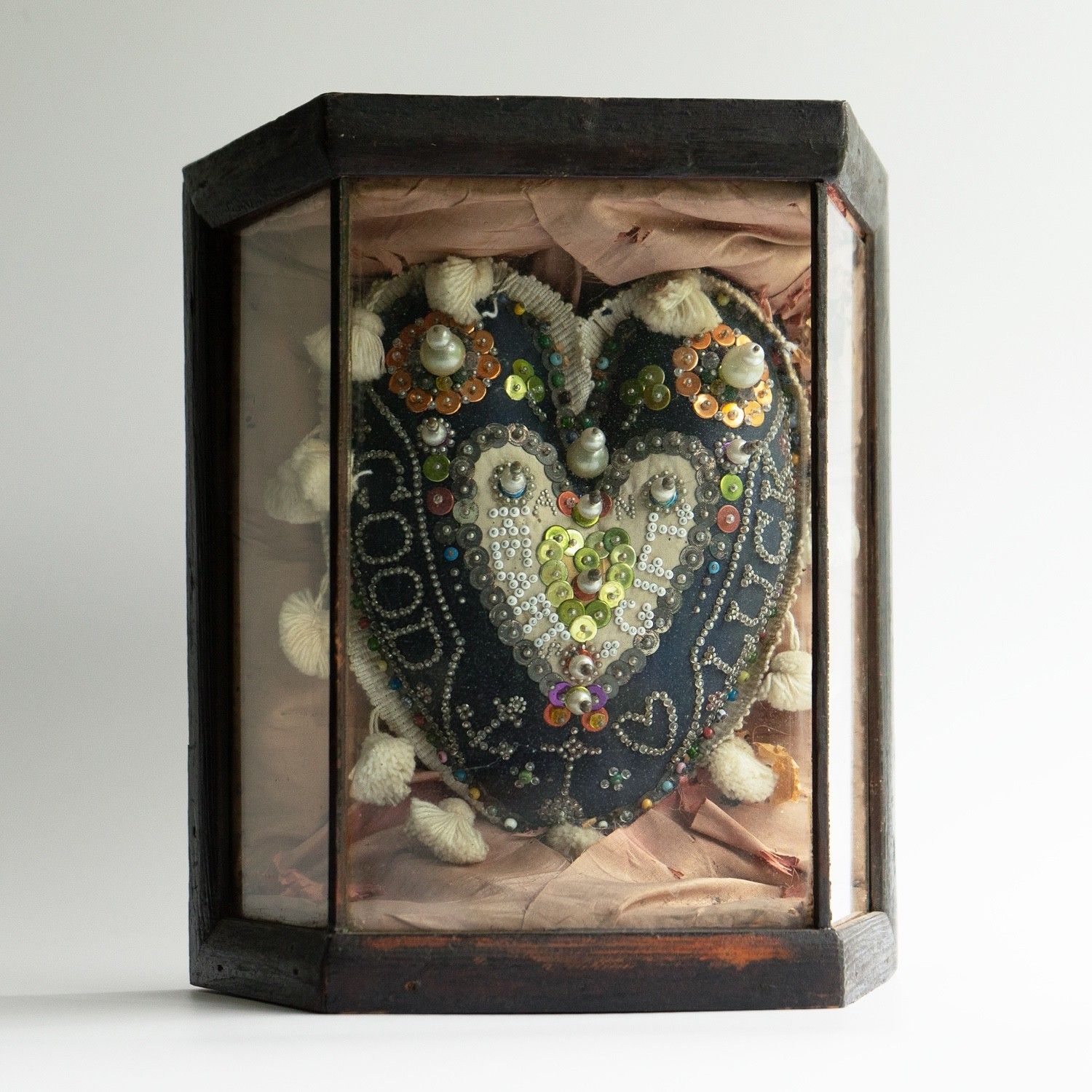 Textiles Antique Sailors Folk Art 'Sweetheart' Cushion In Glass Case, Late 19th Century photo