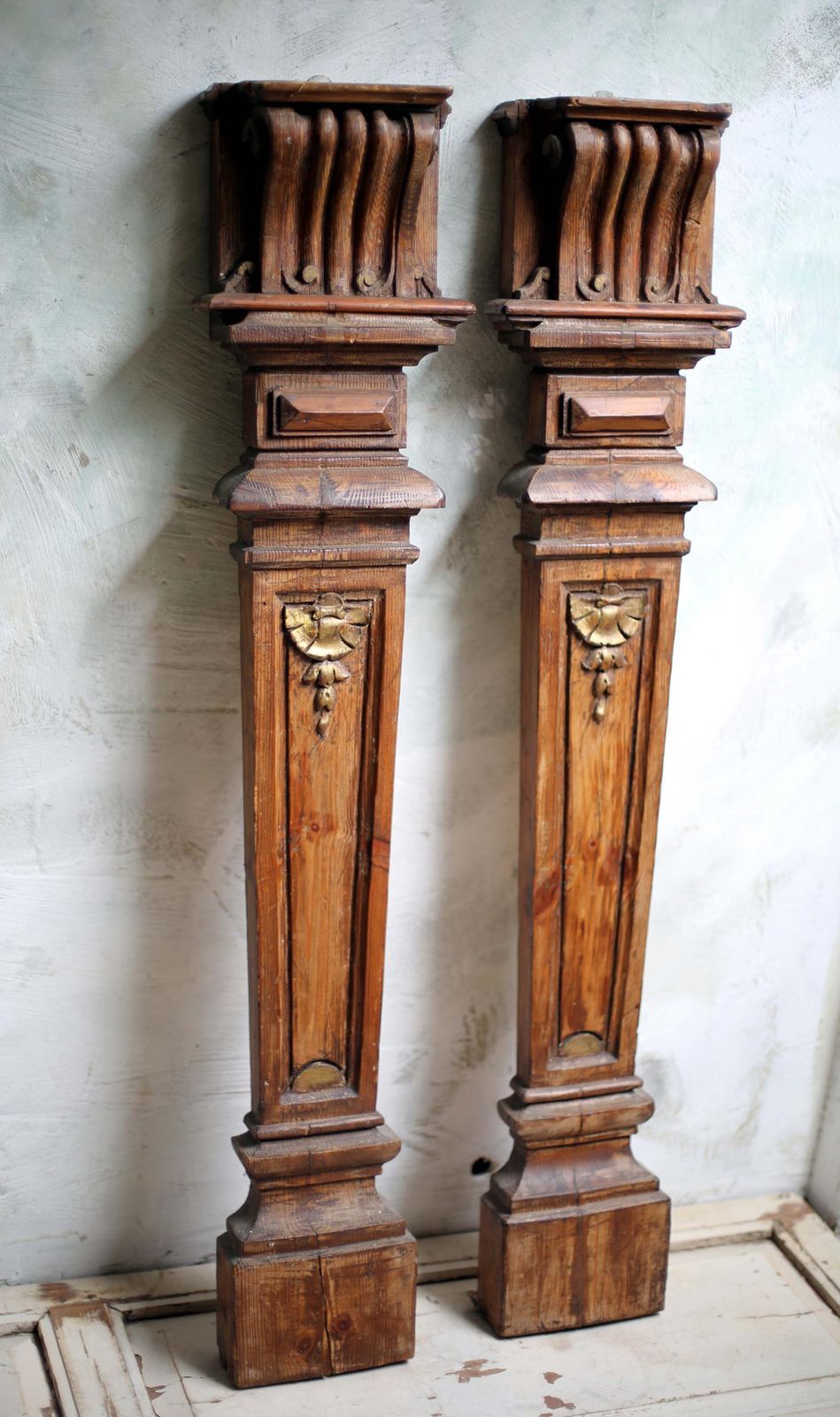 Pair Of Antique Fireplace Pilasters Carved Wooden French Neoclassical Fire Surround Architectural Columns photo for sale