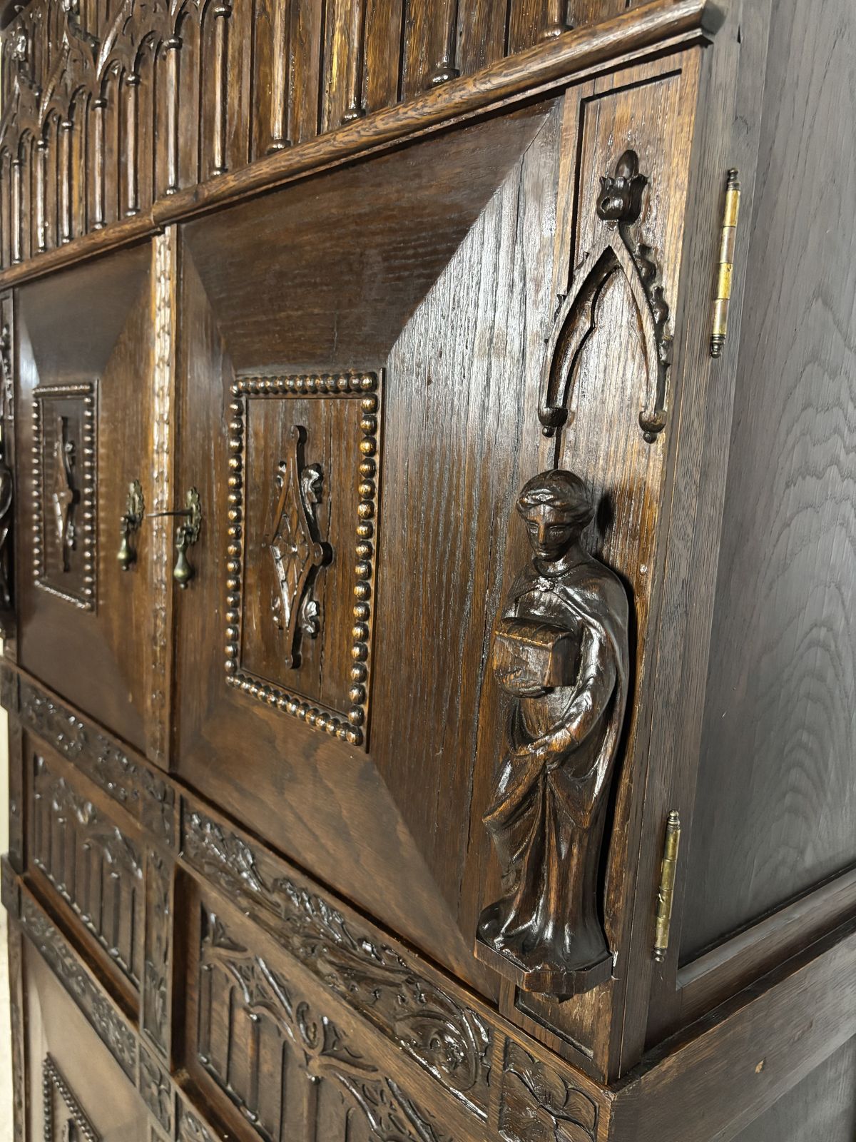 Monumental Gothic Revival Oak Cabinet, Early 20th Century photo vintage