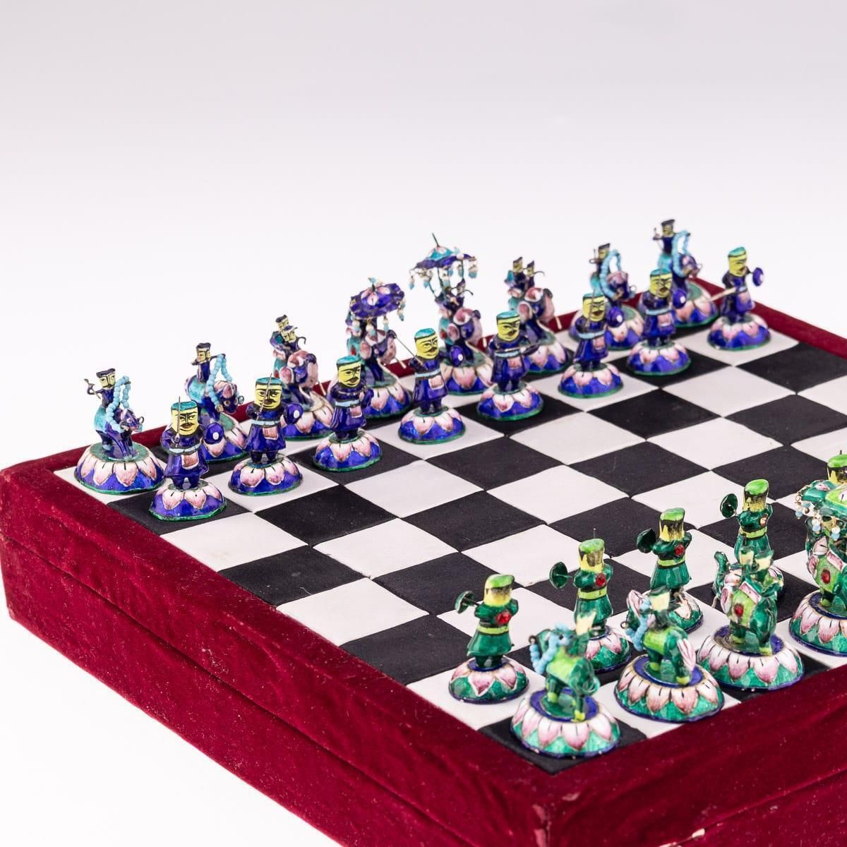 20thc Indian Silver & Enamel Chess Set With Silk & Velvet Board, Jaipur C.1950 photo 3569.0