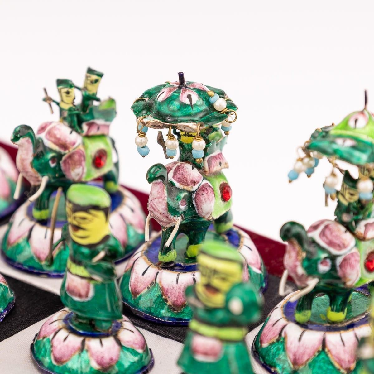 photo buy 20thc Indian Silver & Enamel Chess Set With Silk & Velvet Board, Jaipur C.1950