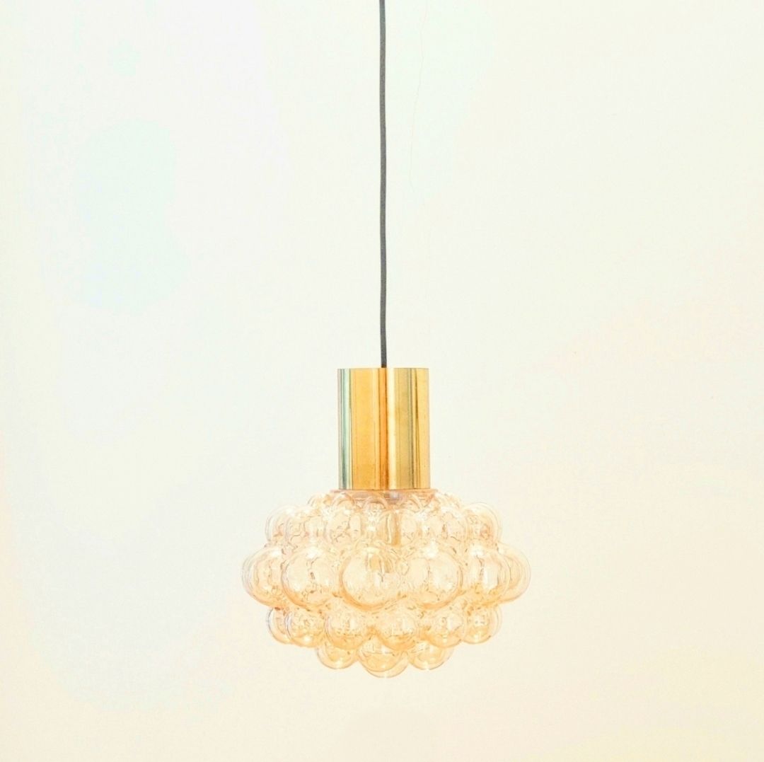 X.L. Mid Century Amber Bubble Glass & Brass Pendant Light By Helena Tynell For Limburg, Germany, 1960s photo for sale
