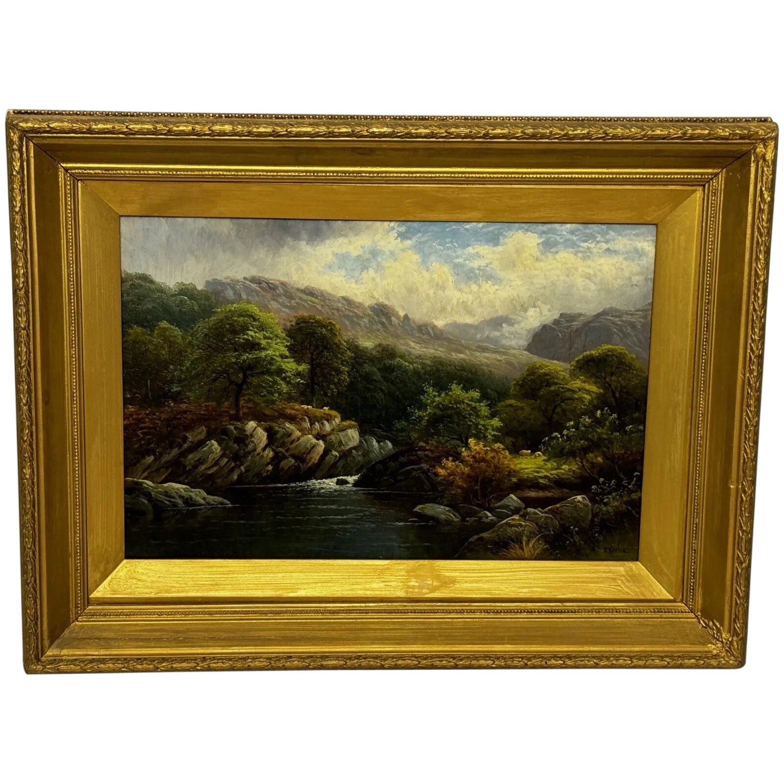 19e-eeuws olieverfschilderij "A Quiet Pool North Wales On The Conwy River" door Thomas Spinks
