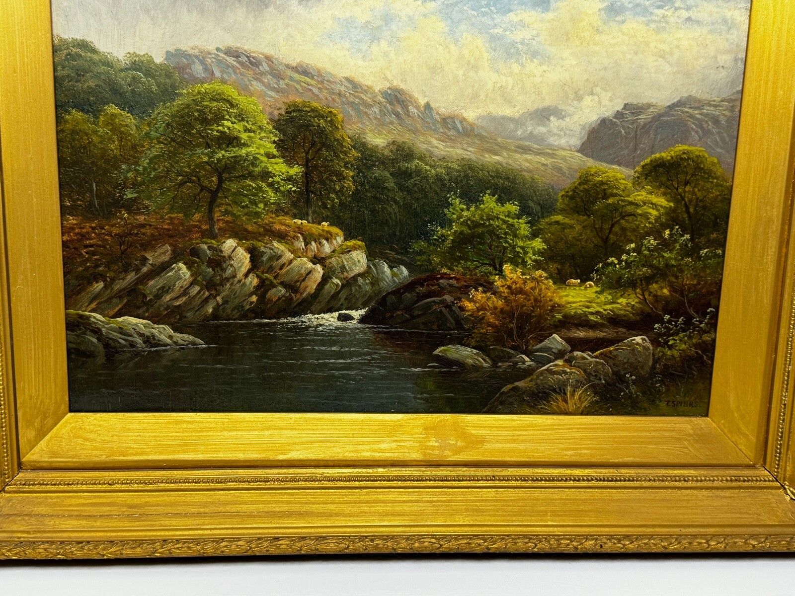 19e-eeuws olieverfschilderij "A Quiet Pool North Wales On The Conwy River" door Thomas Spinks photo vintage