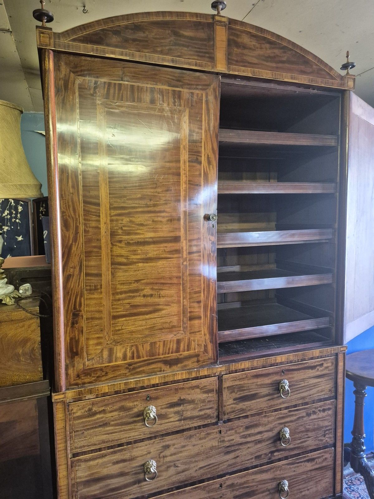 photo for sale Exceptional Huge Dutch Cuban Mahogany Satinwood Crossbanded Regency Linen Press