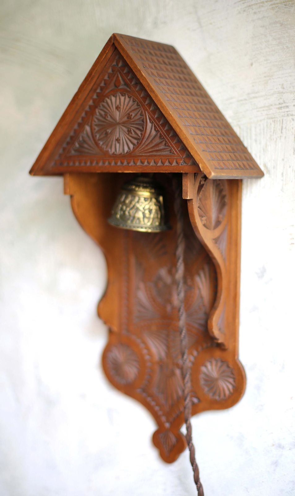 176.0 Antique Chalet Bell German Folk Art Carved Prayer Dinner Door Grand Tour photo