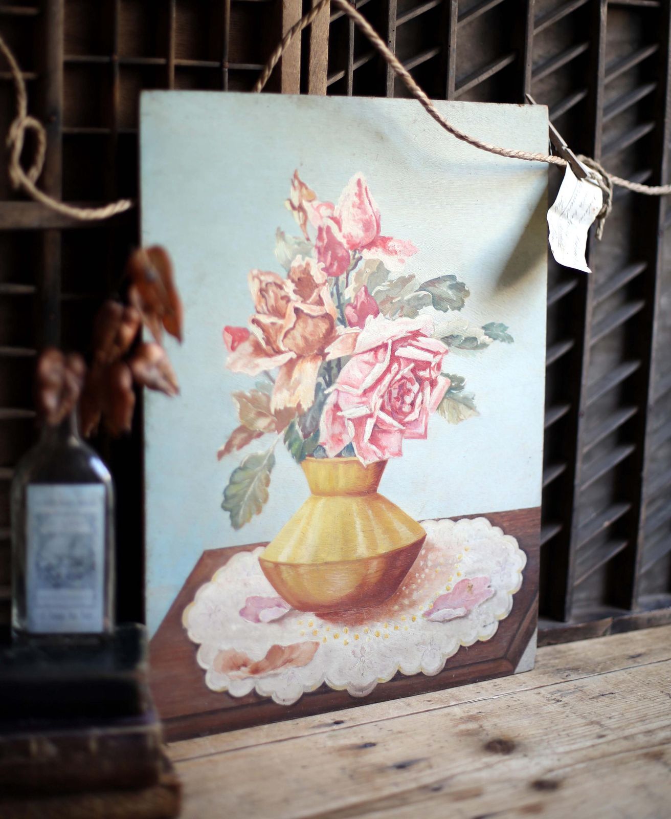 Antique French Roses Oil Painting Still Life Floral Art photo furniture