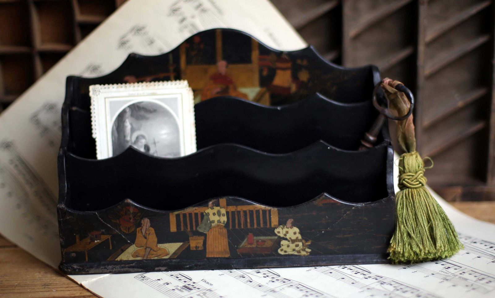 Antique Japanese Black Lacquer Letter Rack Wooden Desk Organizer Holder Storage photo vintage