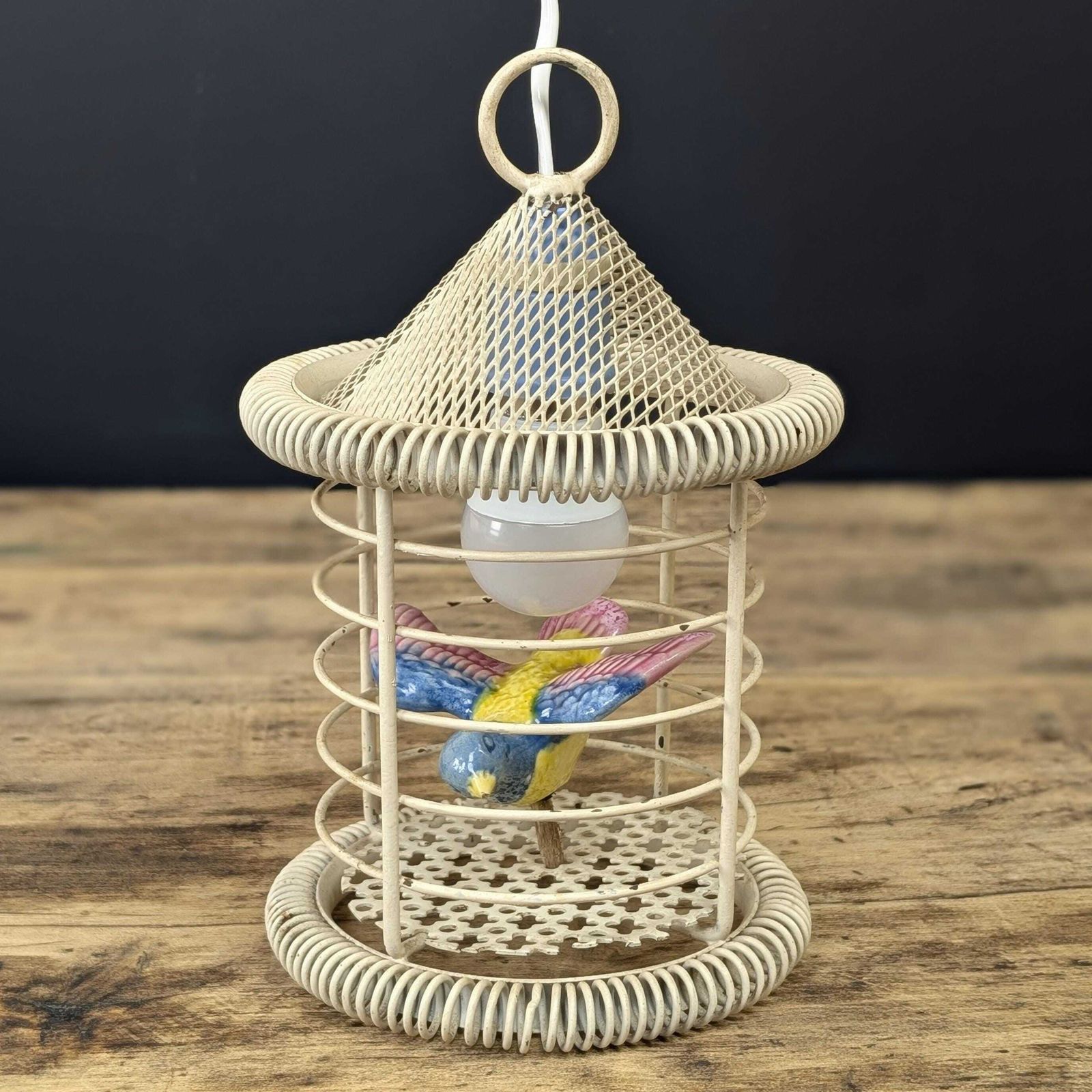 1950s Birdcage Lamp Ceramic Bird, Mid Century Wire Table Light, Hanging Retro Lantern, Eclectic Nursery Decor, Pottery Avian Nightlight photo 136.0