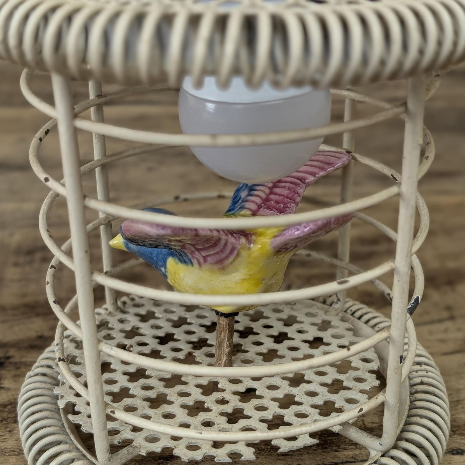 1950s Birdcage Lamp Ceramic Bird, Mid Century Wire Table Light, Hanging Retro Lantern, Eclectic Nursery Decor, Pottery Avian Nightlight photo buy