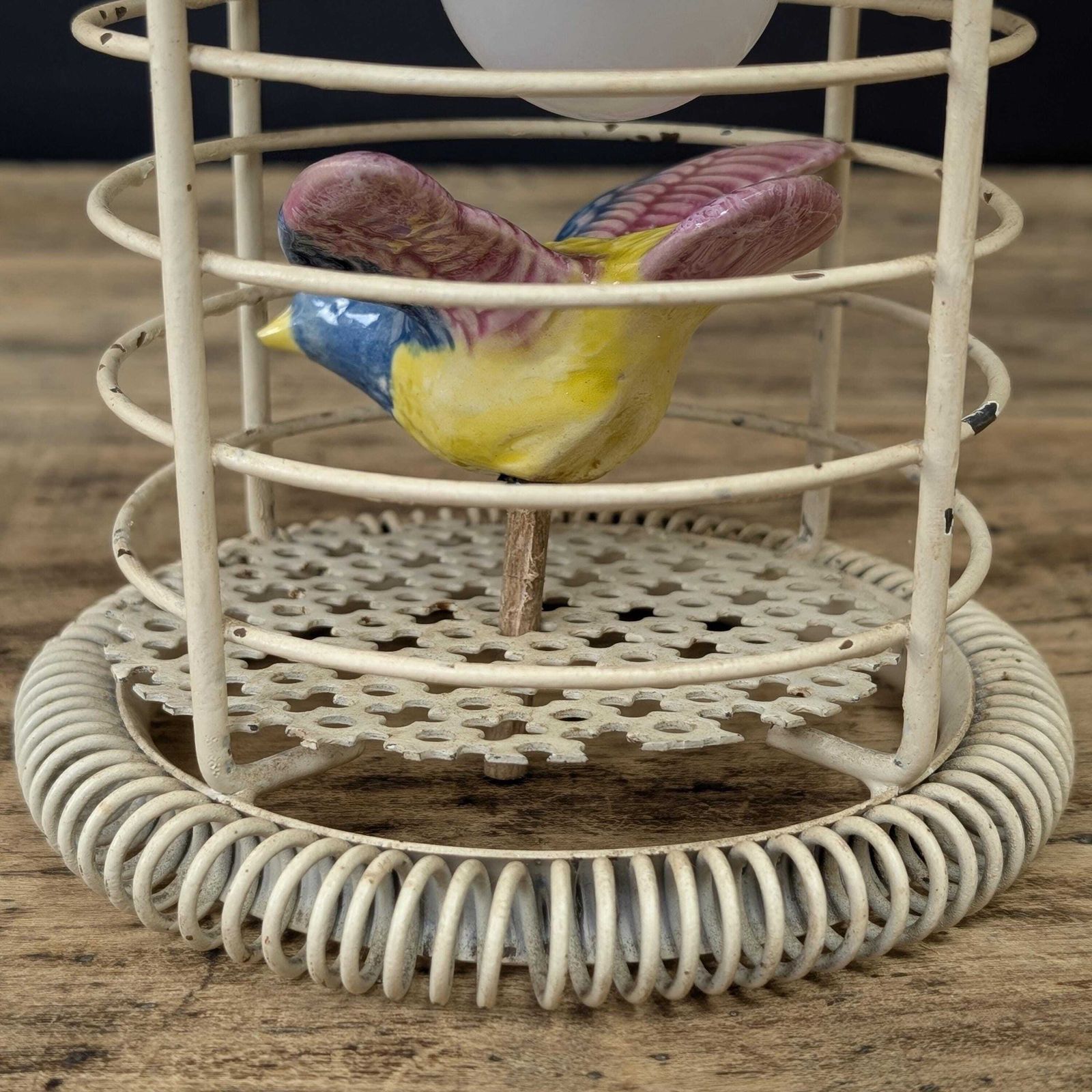 photo furniture 1950s Birdcage Lamp Ceramic Bird, Mid Century Wire Table Light, Hanging Retro Lantern, Eclectic Nursery Decor, Pottery Avian Nightlight
