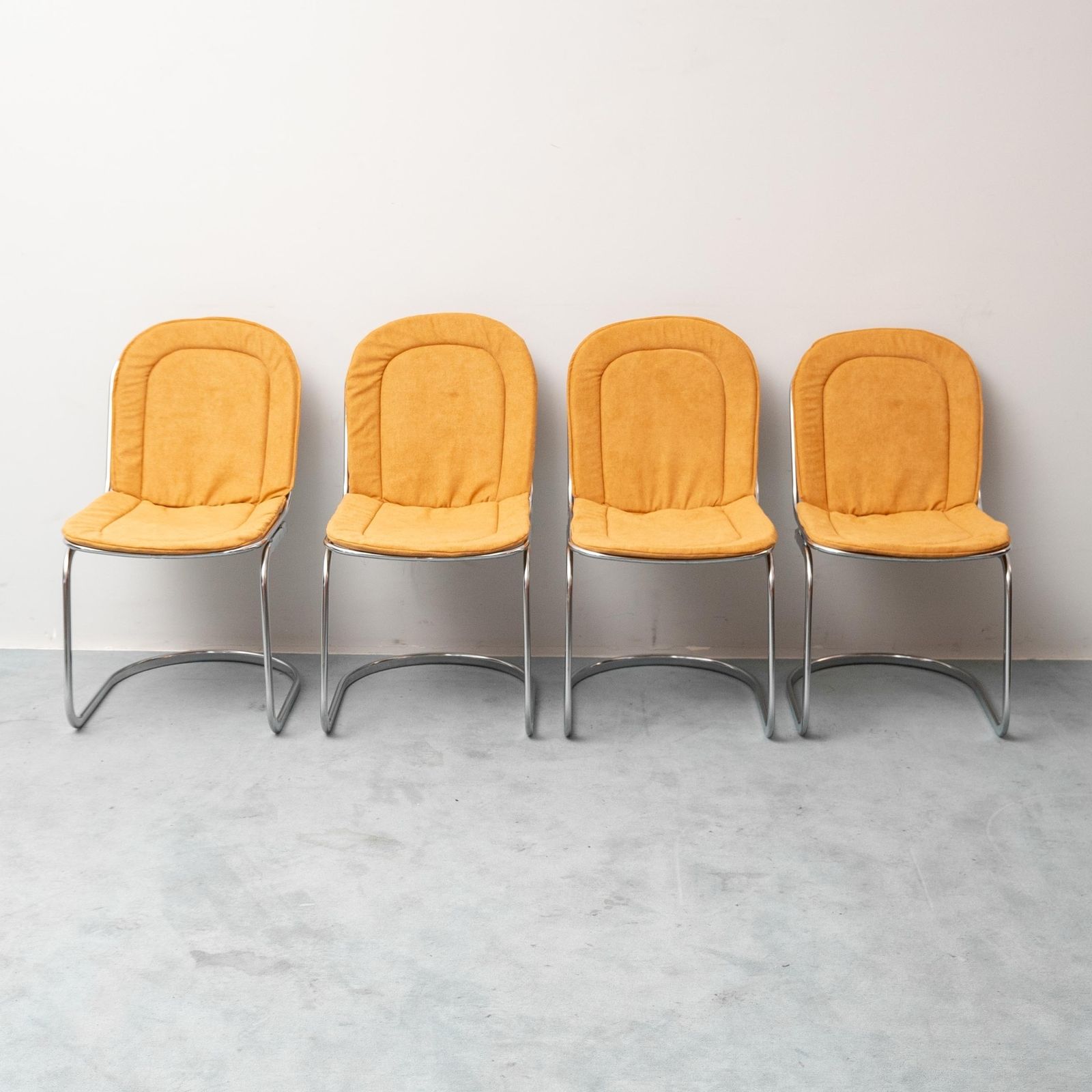 Set Of 4 Vintage Gastone Rinaldi Chairs, Chromed Steel, Yellow Fabric, 1970s Modern Antiques photo furniture