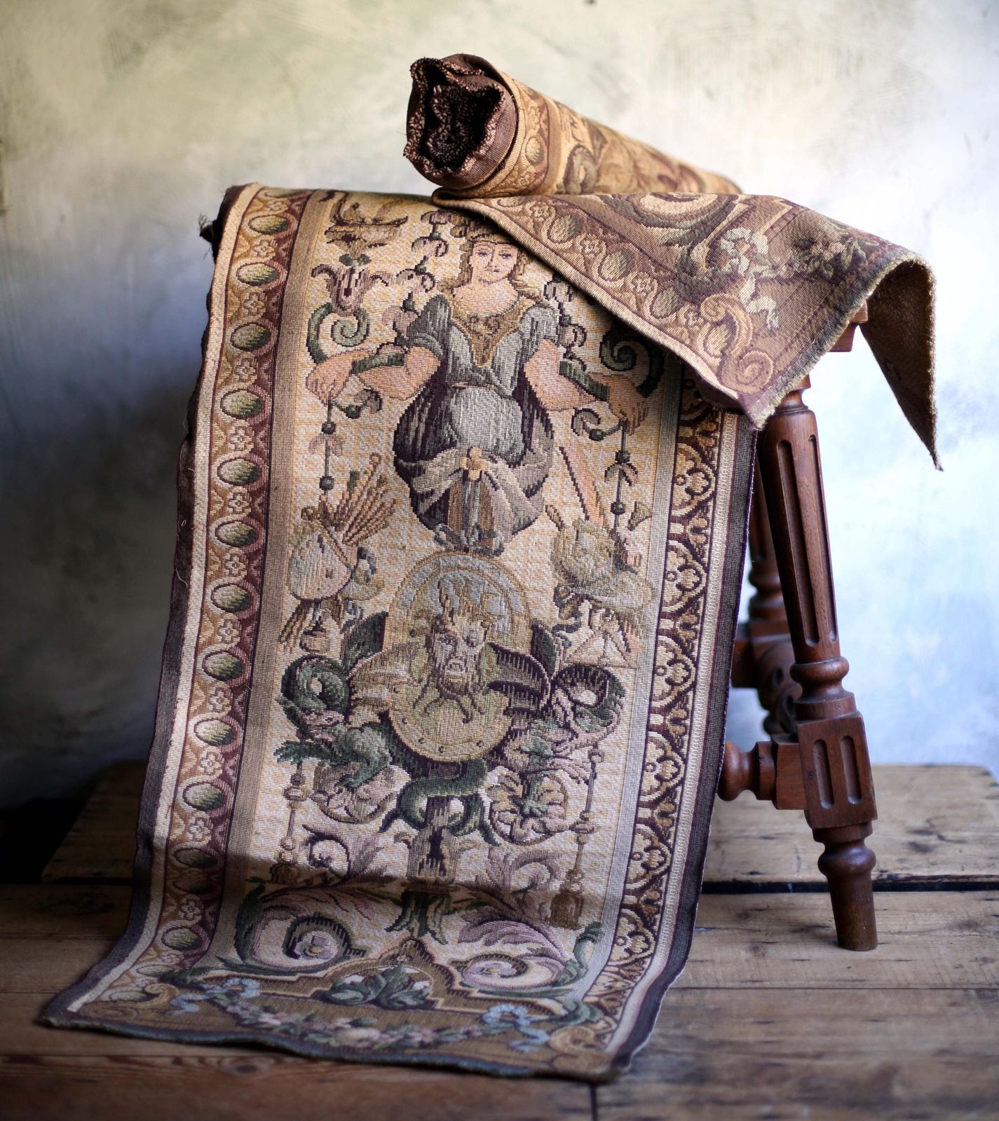 Pair Of Antique Aubusson Tapestry Panels Extra Long Jacquard Lengths Louis Philippe Neo Baroque photo for sale