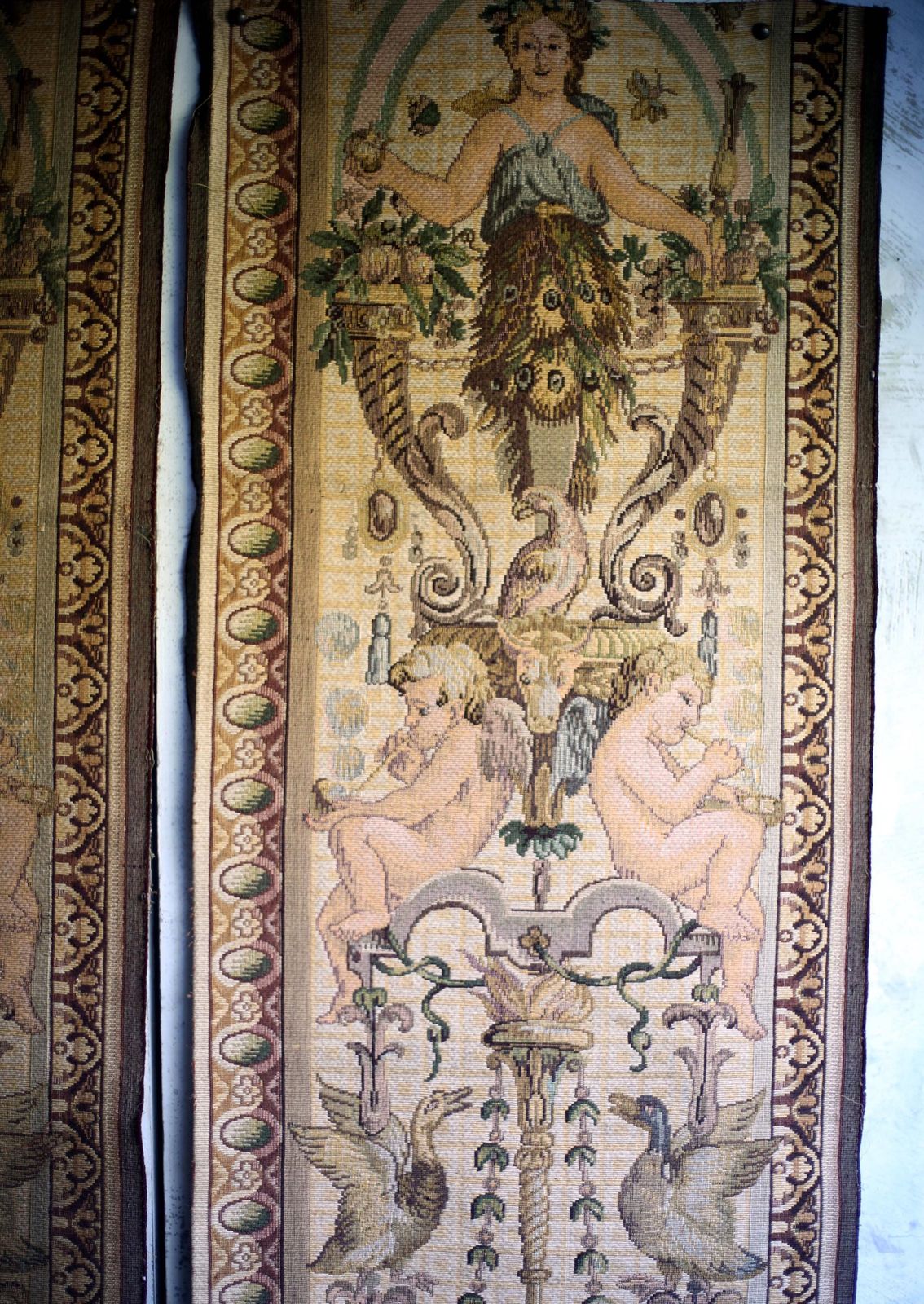 photo vinterior Pair Of Antique Aubusson Tapestry Panels Extra Long Jacquard Lengths Louis Philippe Neo Baroque