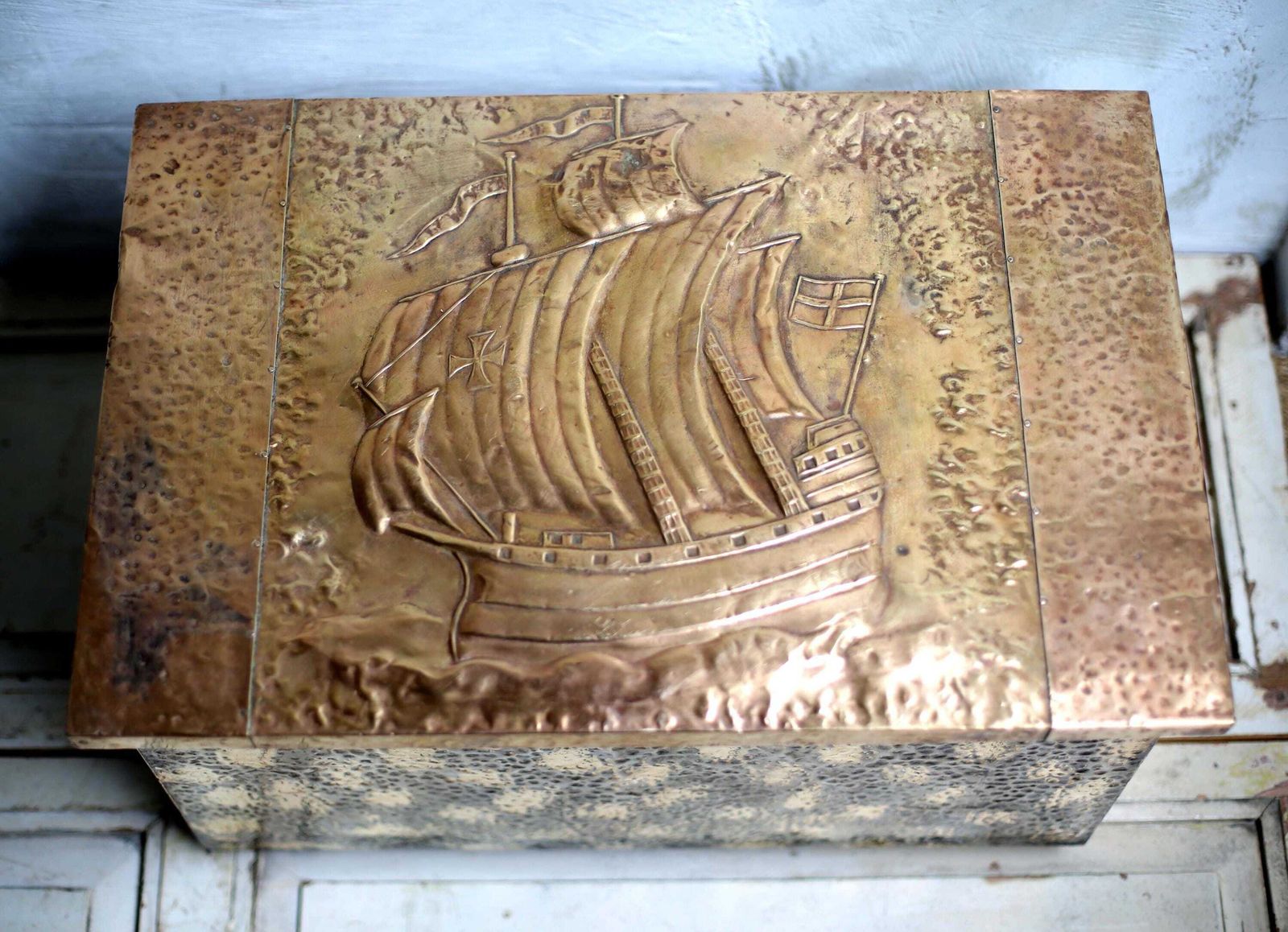 Antique Copper & Brass Repousse Chest Nautical Log Box Old French Galleon photo 204.0