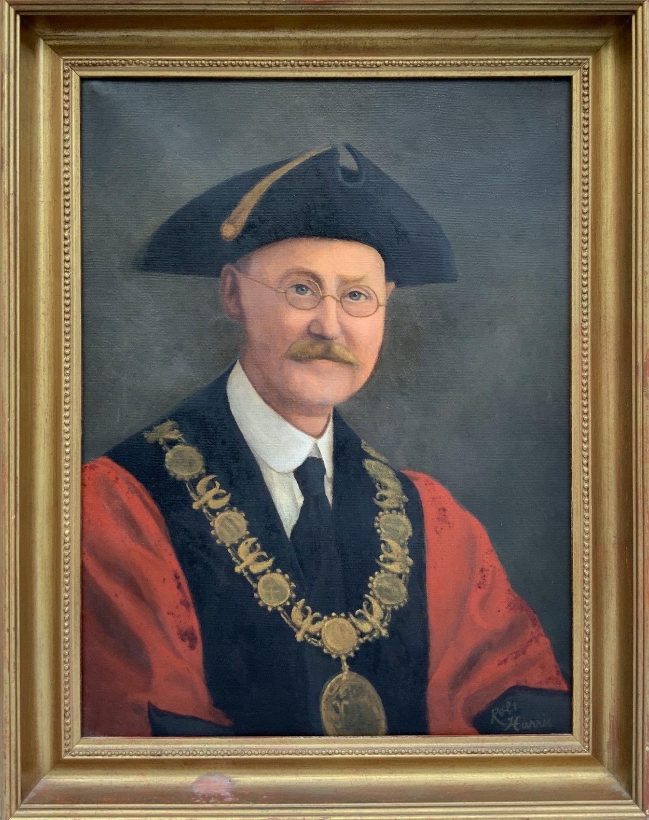 Oil Portrait Painting Bespectacled Mayor Mid Century Vintage Antique