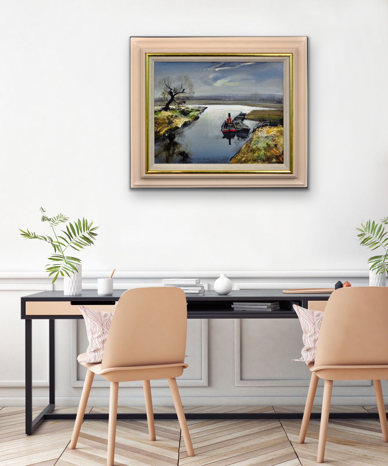 photo for sale Rowland Hilder 1905 To 1993. British. River Bure, Norfolk. East Anglia. 1950s Framed Oil Painting Of The Norfolk Broads Landscape. Tugboat And Barges.