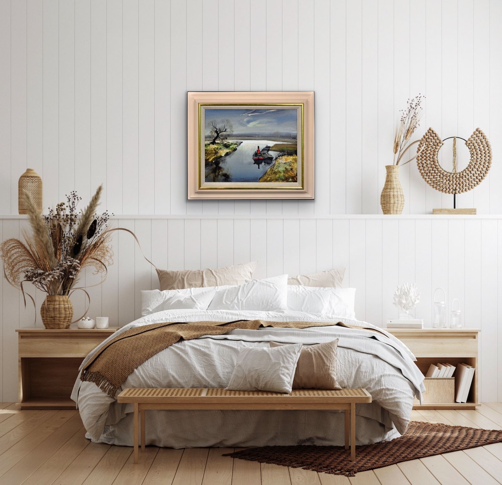 photo buy Rowland Hilder 1905 To 1993. British. River Bure, Norfolk. East Anglia. 1950s Framed Oil Painting Of The Norfolk Broads Landscape. Tugboat And Barges.