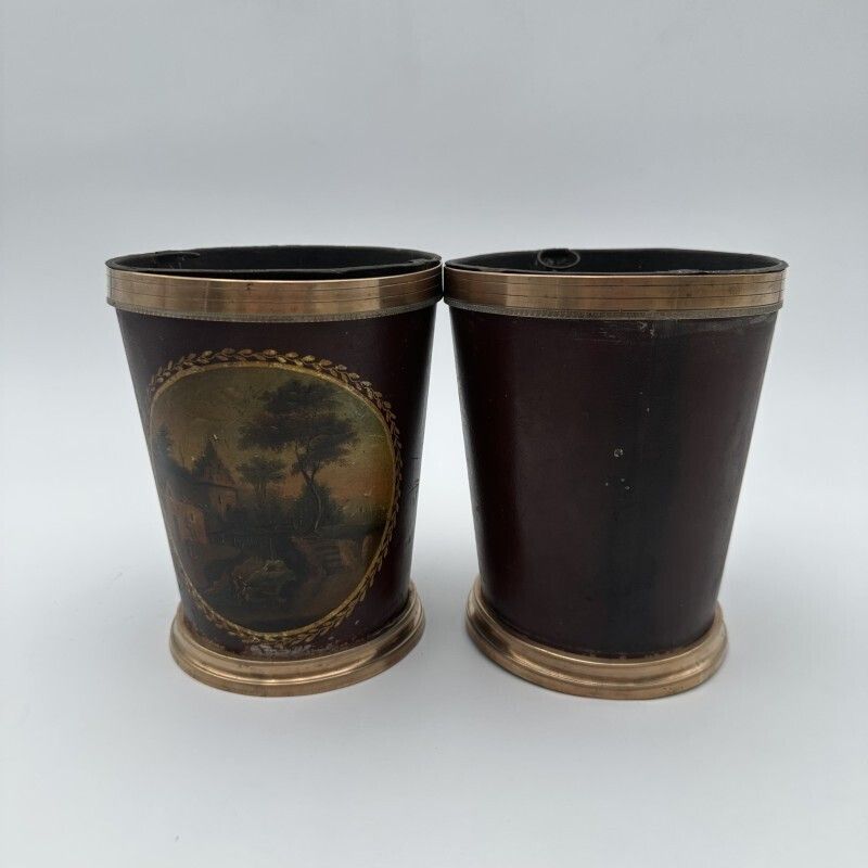 Pair Of Painted Sheet Metal And Brass Flowerpots, Decorated With Bucolic Landscapes, 19th Century. photo Home Decor