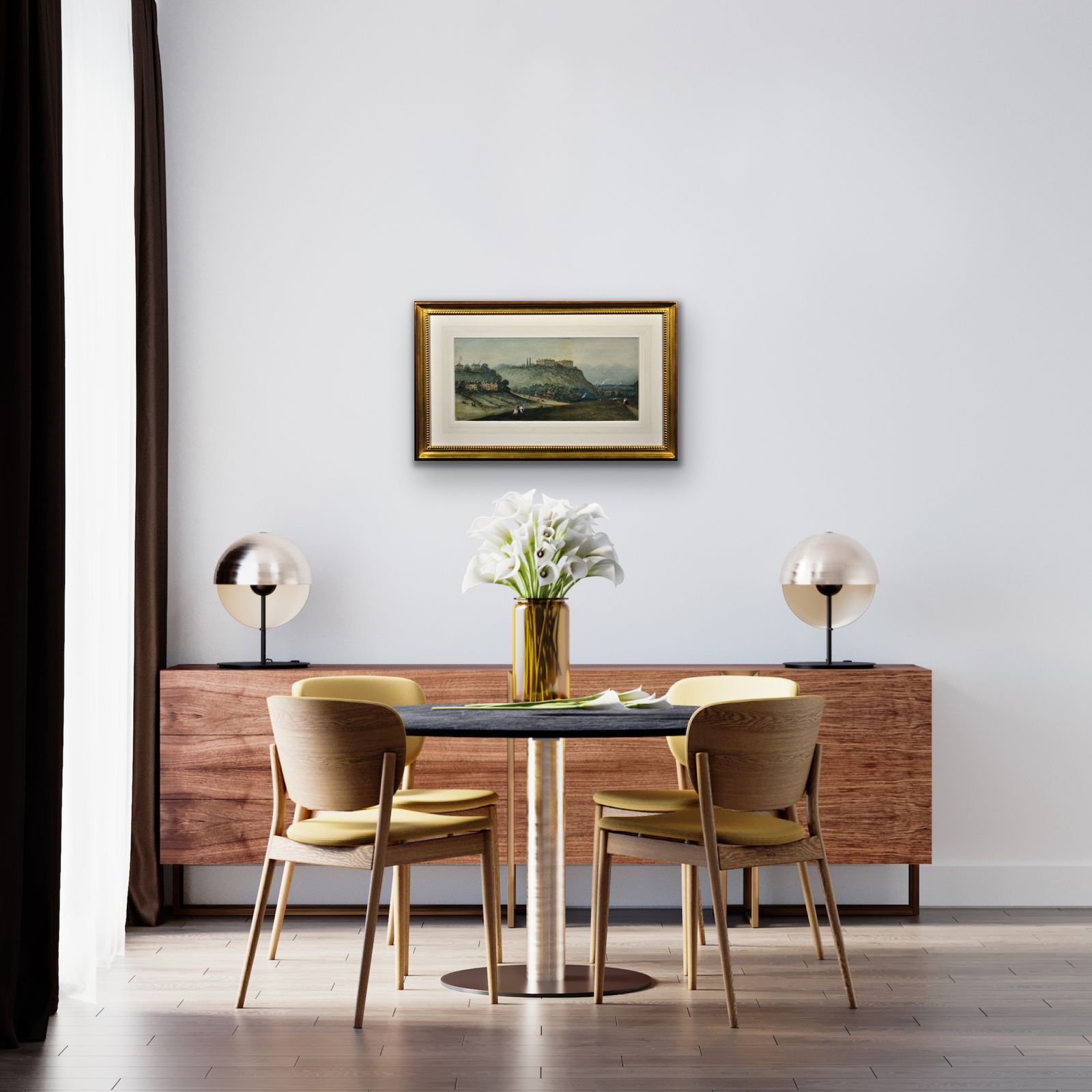 photo vintage Thomas Cooper Moore 1827 tot 1901. Engels. Gezicht op Nottingham Castle en het park. Ingelijst Victoriaans aquarel landschap.