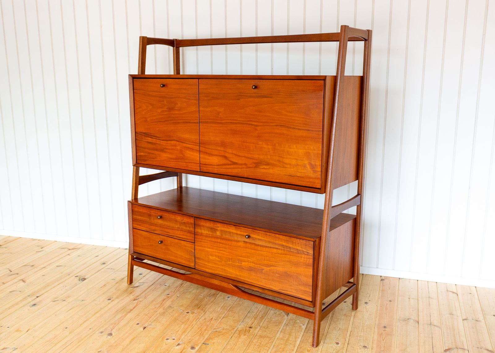 photo vinterior Teak Double Sideboard Danish Mid Century Style Desk Display Stand Media Unit Mcm Cabinet Tiered Hutch Double Decker Hans Wegner Credenza