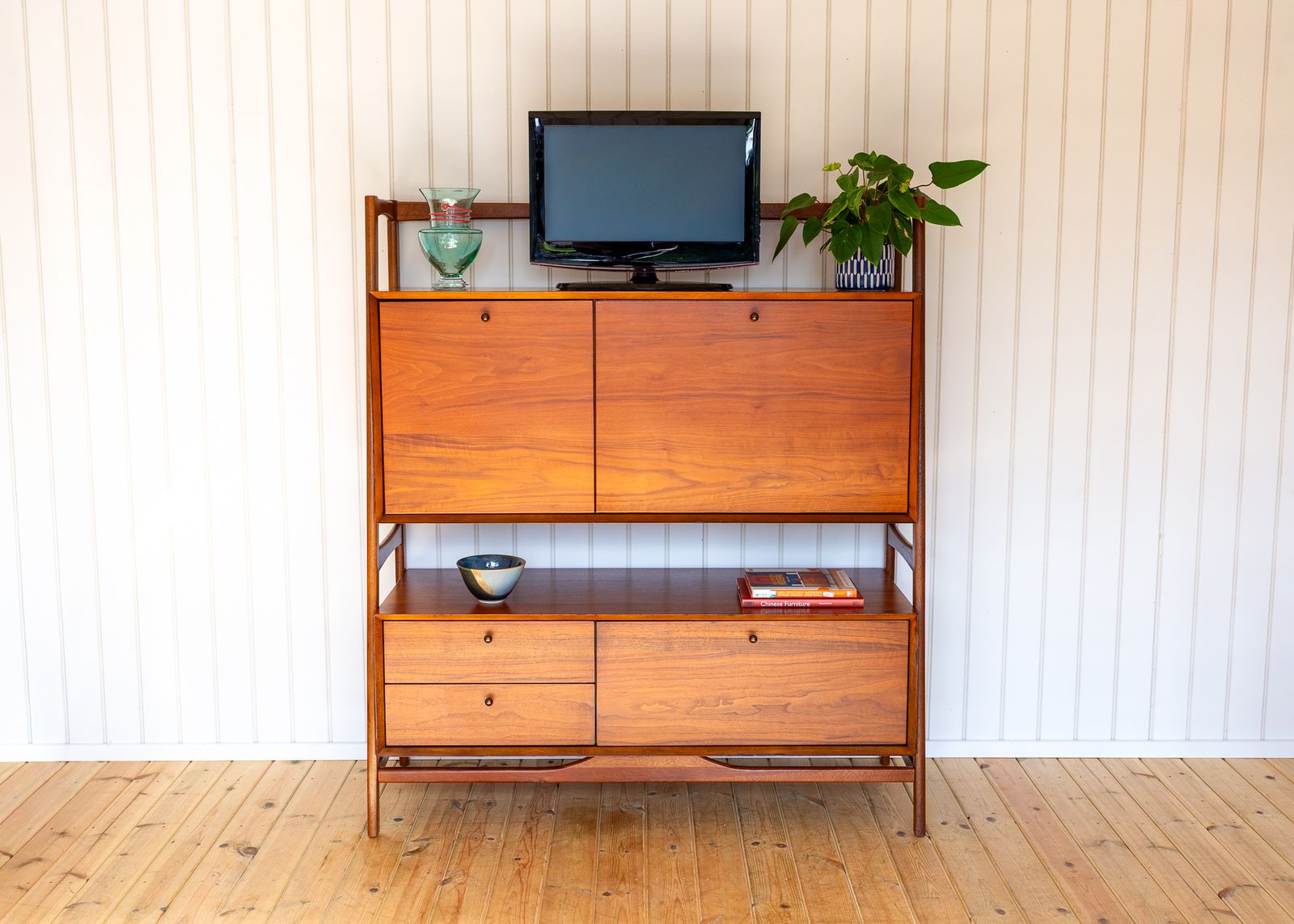 Teak Double Sideboard Danish Mid Century Style Desk Display Stand Media Unit Mcm Cabinet Tiered Hutch Double Decker Hans Wegner Credenza photo 2750.0