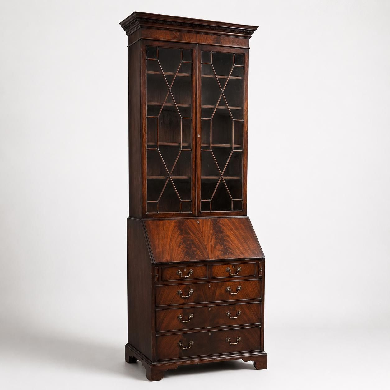 Late Victorian Mahogany Bureau Bookcase | Antique Secretaire Bookcase | Glazed Display Cabinet | Georgian Style Writing Bureau
