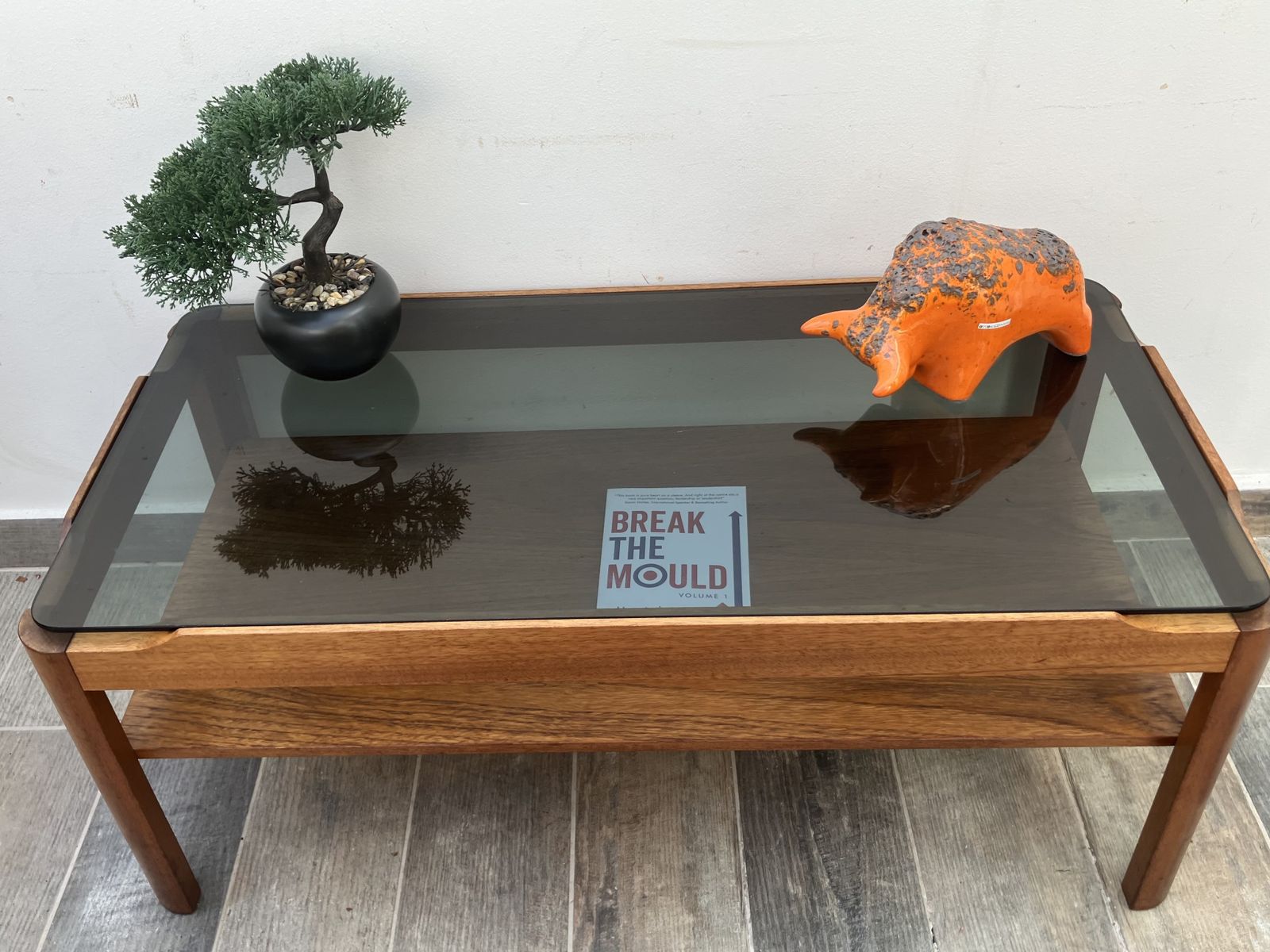 Myer Smoked Glass Teak Floating Coffee Table photo Furniture