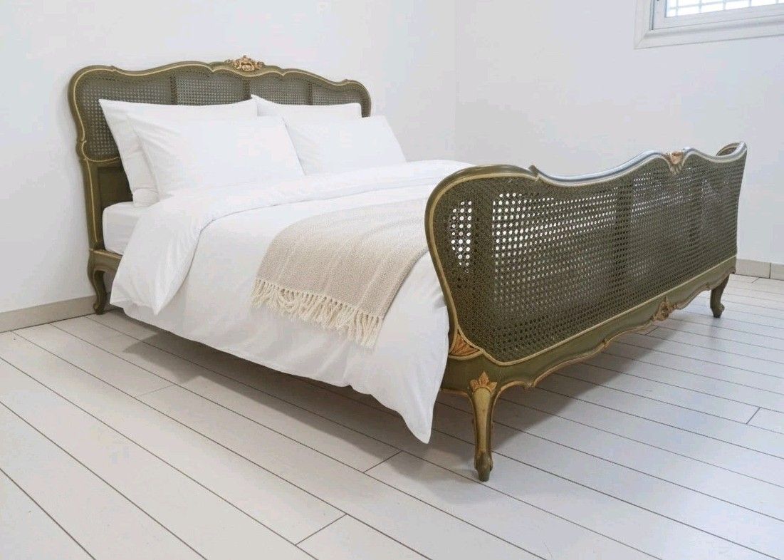 Antique French Cane Bed King Size Louis XV Green Lacquer Gold Accents photo 1400.0
