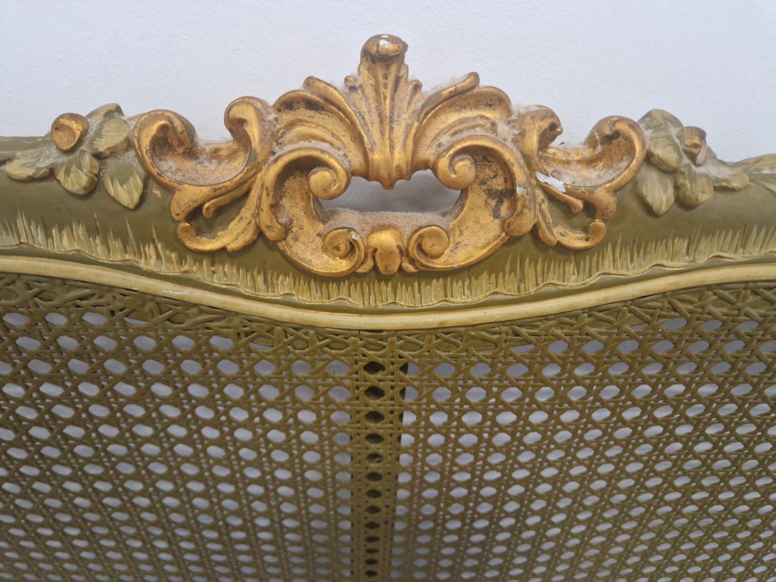 photo buy Antique French Cane Bed King Size Louis XV Green Lacquer Gold Accents