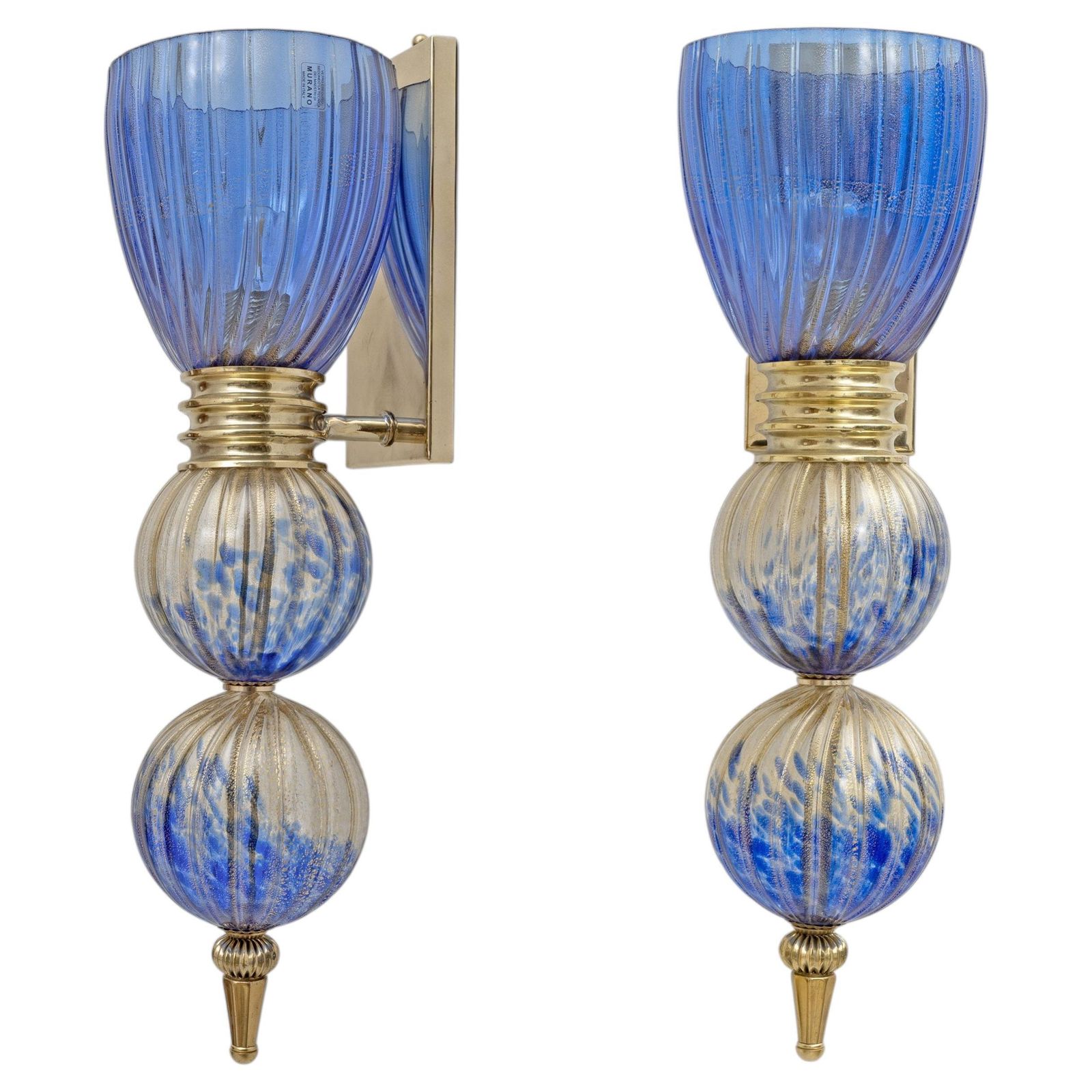 Pair Of Murano Glass Blue Wall Sconces With Gold Dust Inclusions