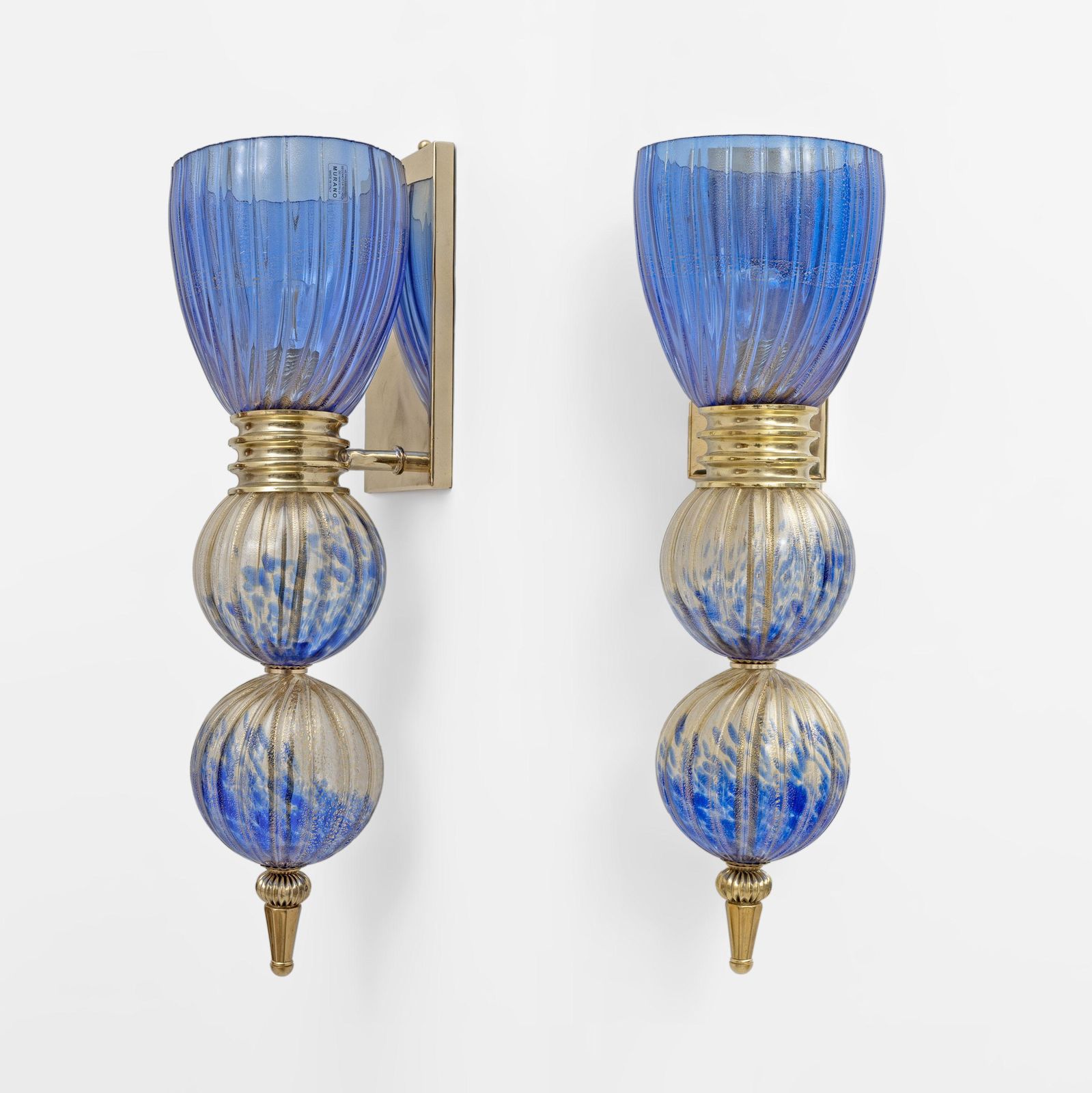 Pair Of Murano Glass Blue Wall Sconces With Gold Dust Inclusions photo furniture