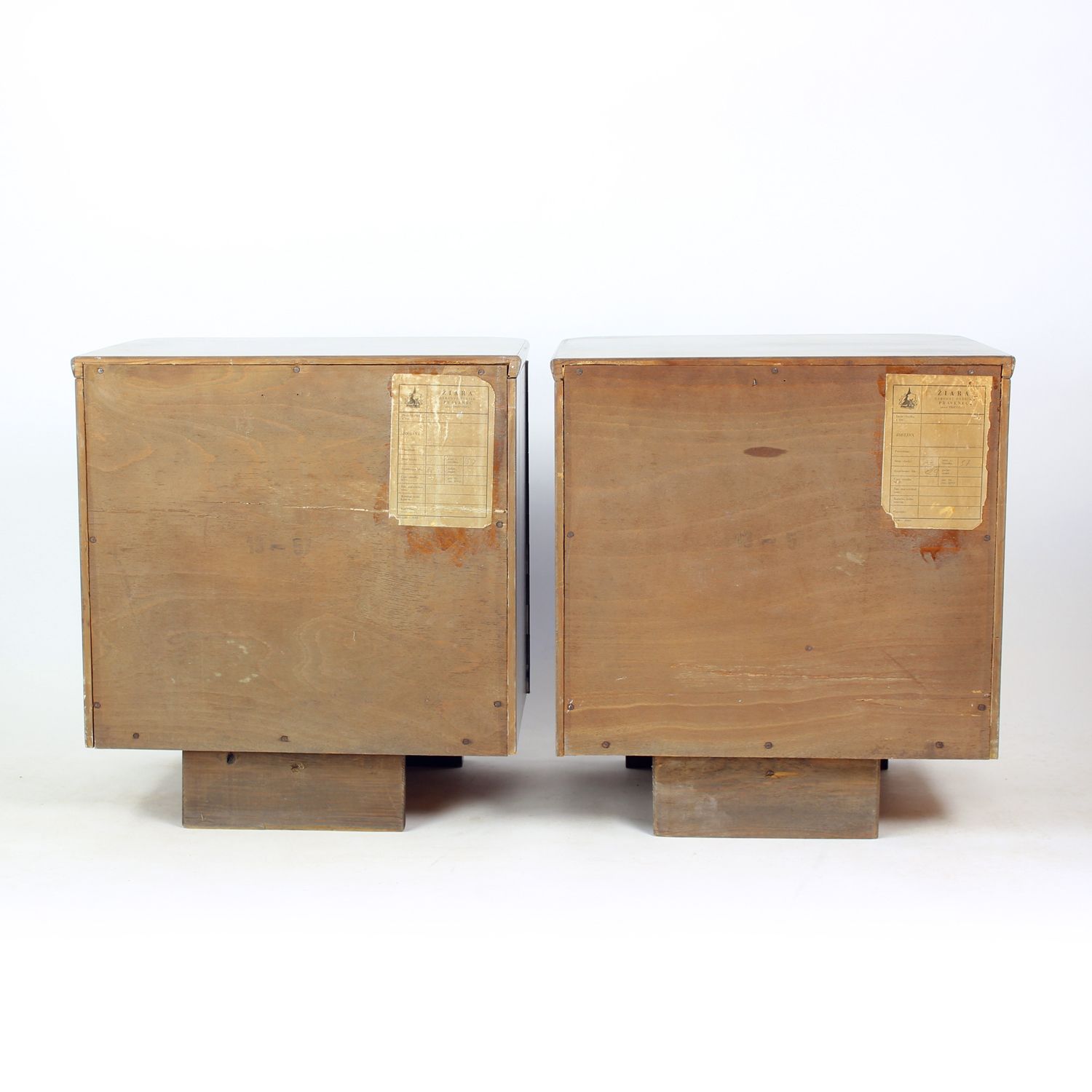 photo for sale Minimalist Bedside Tables In Faux Grain Finish, Pravenec Czechoslovakia 1960s